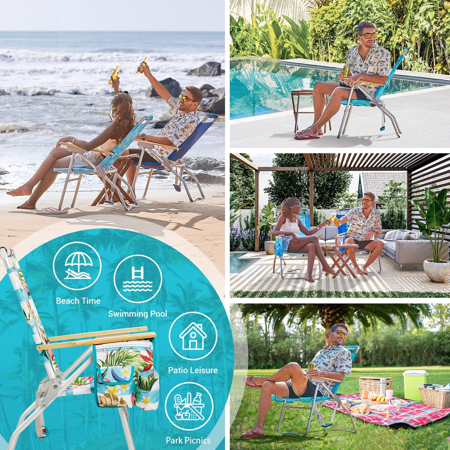 #WEJOY High Back Beach Chair, 4 Position Adjustable Heavy Duty Aluminum Folding Backpack Camping Chairs with Wooden Armrest, Storage Bag & Cup Holders for Outdoor Travel Fishing (Blue White)