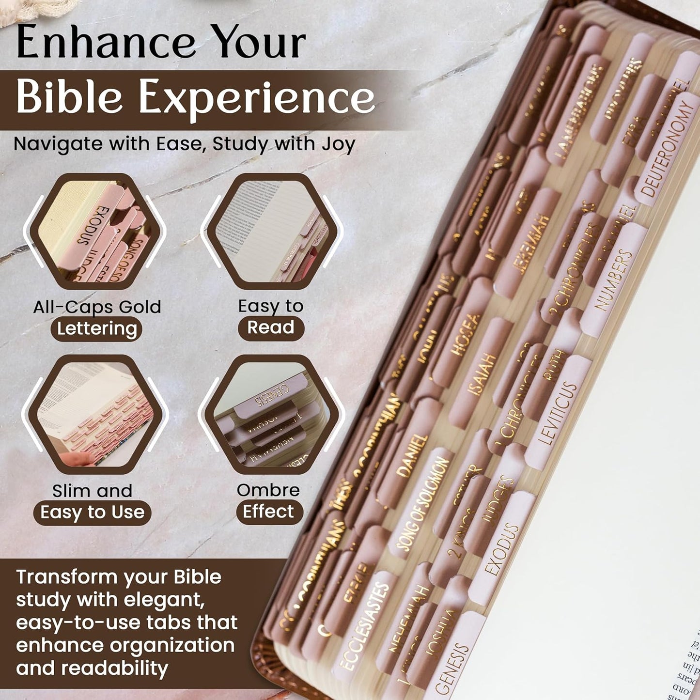 Bible Tabs for Women Study Bible, Embossed Matte Catholic Bible Tabs Gold, Laminated Bible Tabs, Bible Book Tabs w/Old & New Testament Neutral Bible Labels Tabs, Perfect Bible Study Supplies Oak