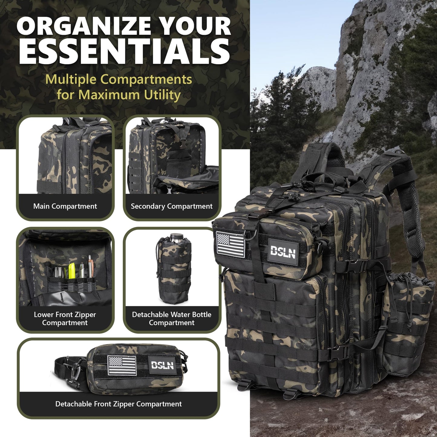 Large 45L Tactical Backpack for Men, Military Backpacks for Women, Bug out Bag Army 3 Days Assault Pack Rucksack with Molle System