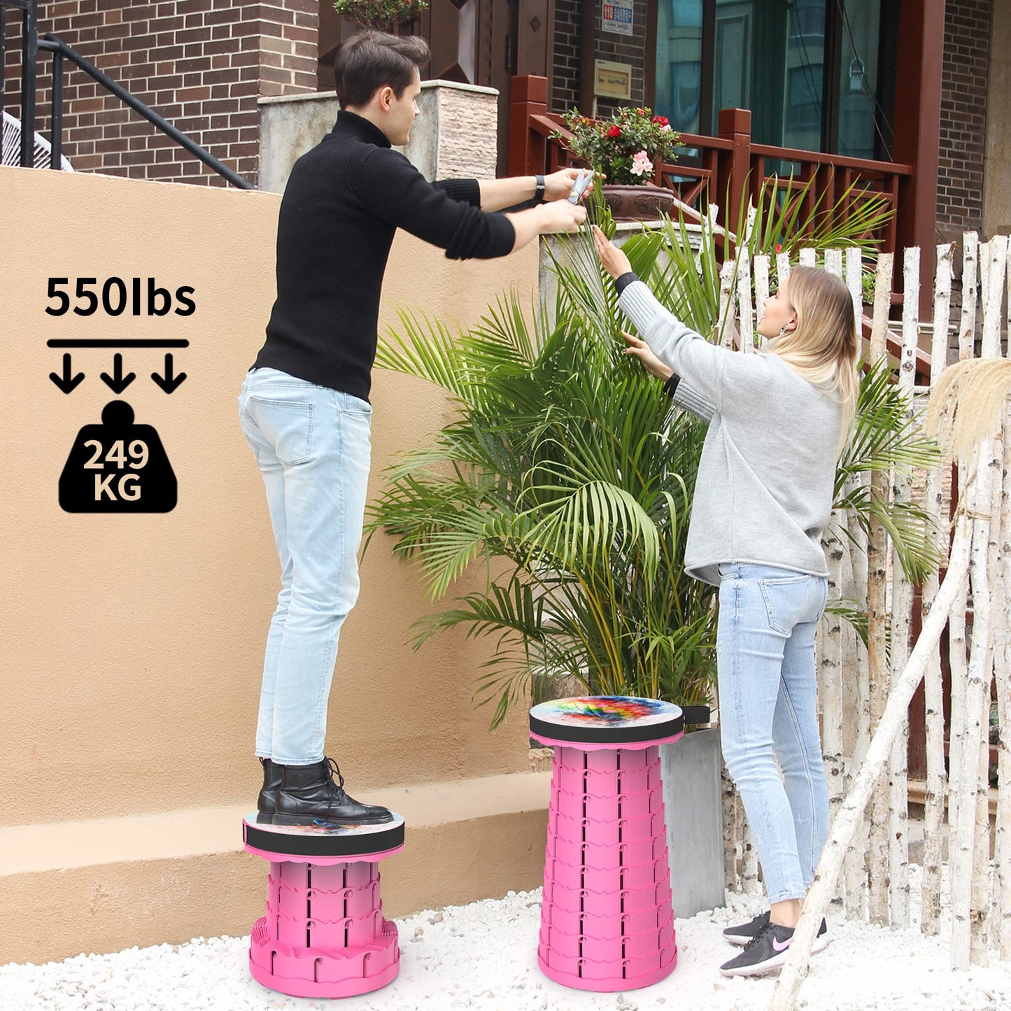 ALEVMOOM Upgraded Telescoping Collapsible Stool with Cushion, Folding Stool with Printing Portable Retractable Foldable Seat Max Load 550lbs for Adults Camping Fishing Outdoor