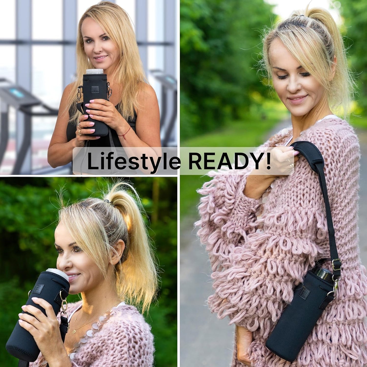 Insulated Neoprene Water Bottle Carrier | Adjustable Sling Pouch | Black, Large