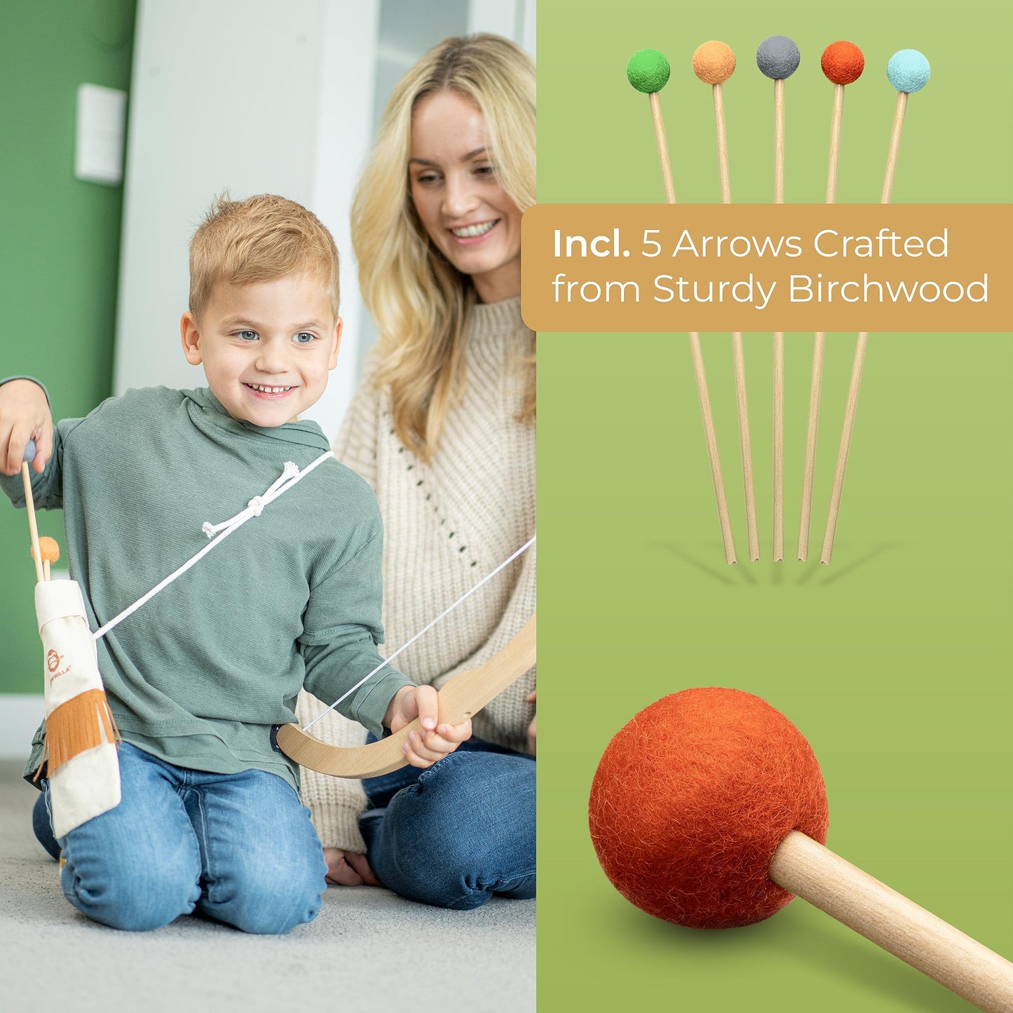 BOWRILLA® Kids Bow and Arrow Set | Wooden Archery Toy for Boys & Girls Aged 3-7, Bow and Arrow for Kids | Includes 5 Arrows, 4 Targets, Cotton Quiver | Indoor & Outdoor Play