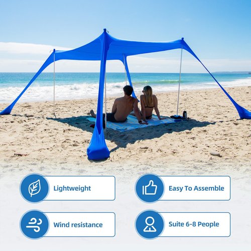 AMMSUN Beach Tent Portable Sun Shelter,9X 9ft Beach Canopy Easy Setup, 9'X9'Lycra Sun Shelter UPF50+ Protection 4 Sand Bags 4 Aluminum Poles with Sand Shovel for Family Beach Camping Outdoor Navy Blue