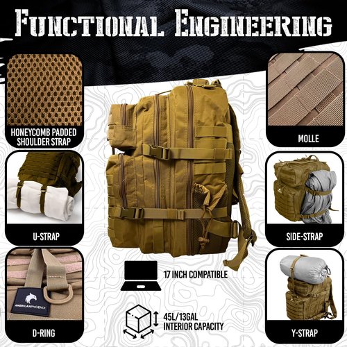 AMERICANPHOENIX 45L Elite Tactical Backpack | 3X Stronger Work & Military Backpack | Water Resistant and Heavy Duty | 3 Day MOLLE Bug Out Bag (Dune Brown)