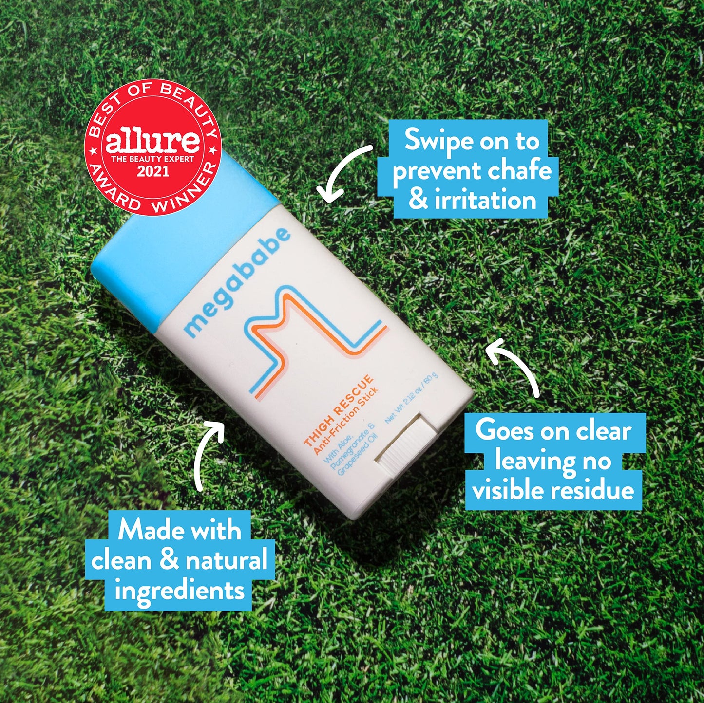 Megababe Anti-Chafe 2-Piece Bundle - Thigh Rescue Anti-Chafe Stick 2.12 oz & 0.81 oz Travel Size