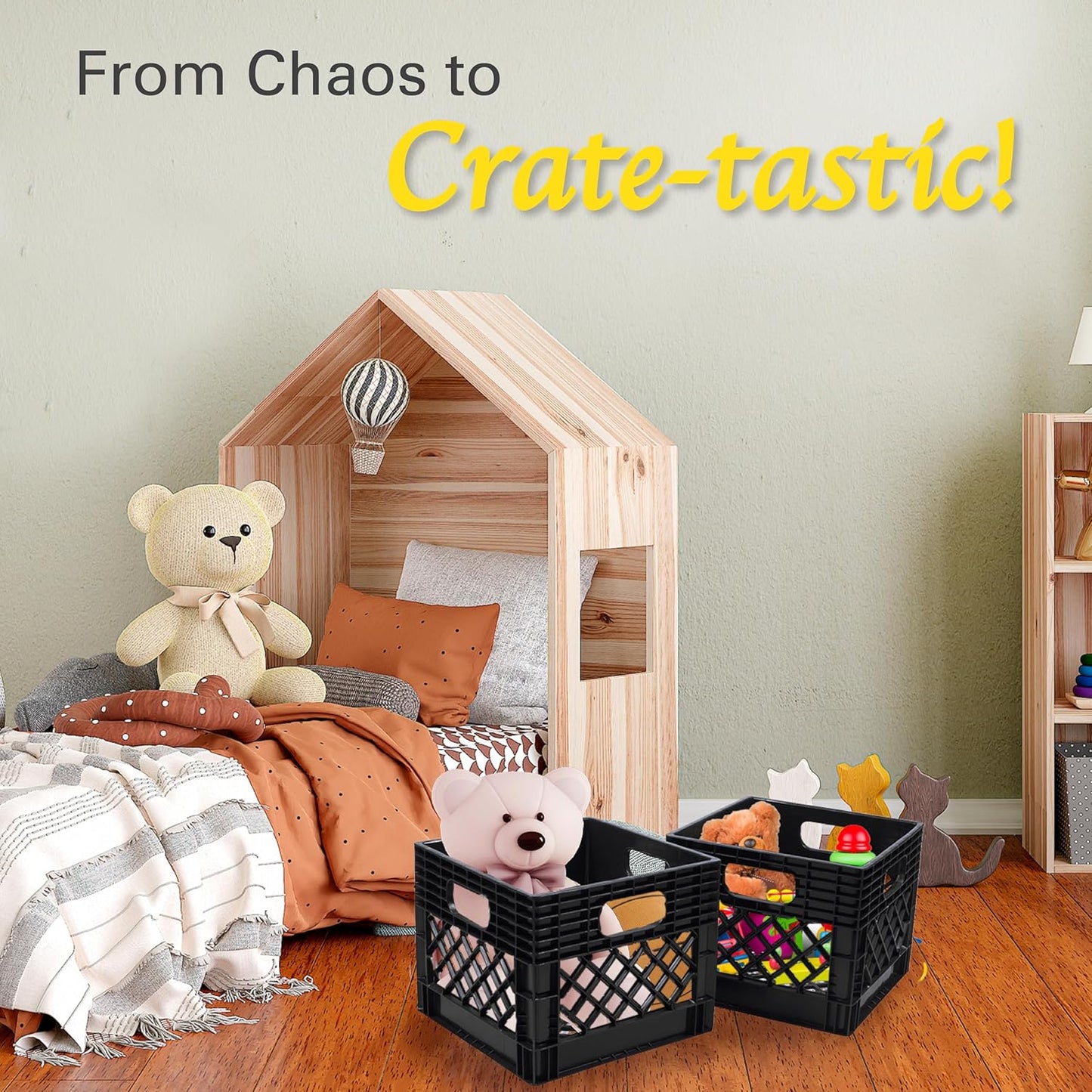 ORGANIZE-IT! Authentic Milk Crate, 4 Pack, Black - Heavy-Duty Storage Crate, Easy-Grip Handles, Versatile Storage Crate Box, 13" L x 13" W x 11" H