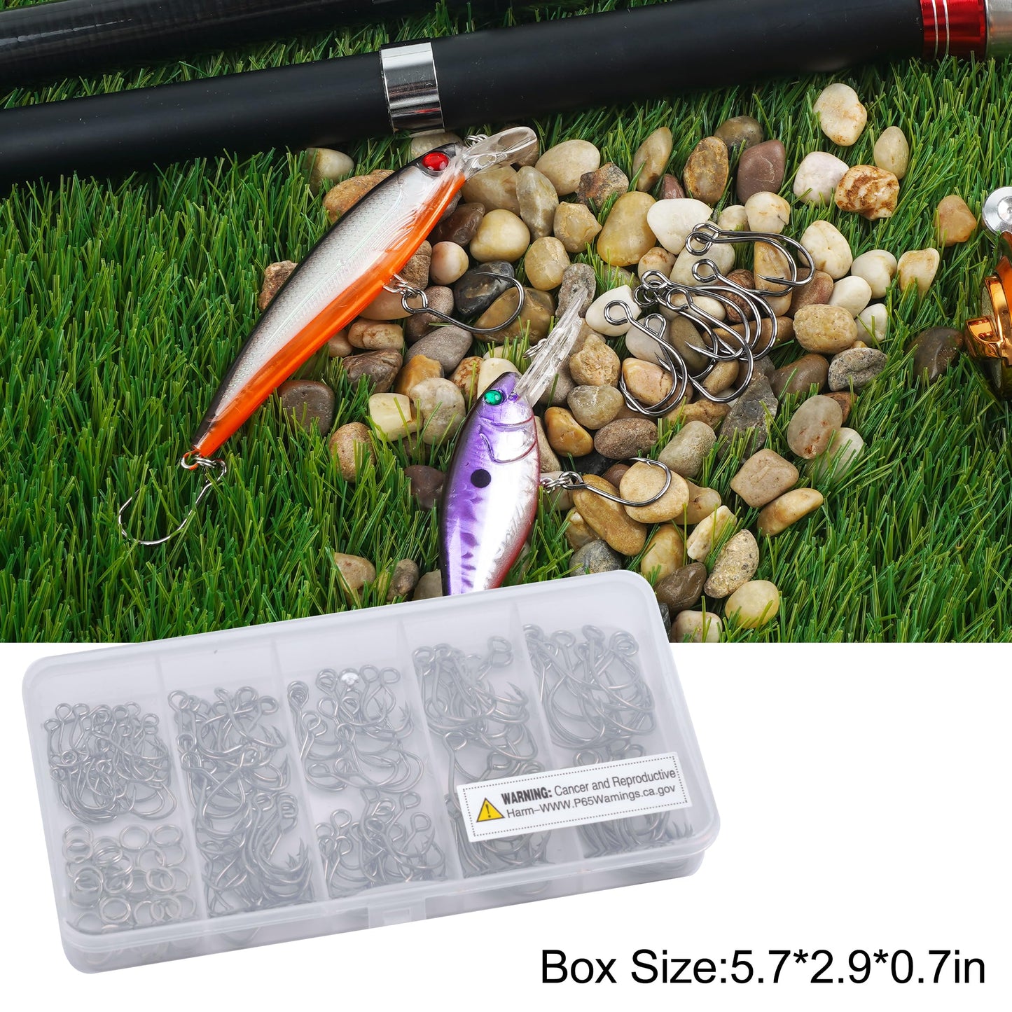 150pcs Inline Single Hooks Kit Fishing Replacement Hooks for Lure Plugs Baits Large Eye Inline Circle Hook with Split Rings Freshwater Saltwater Fishing Tackle