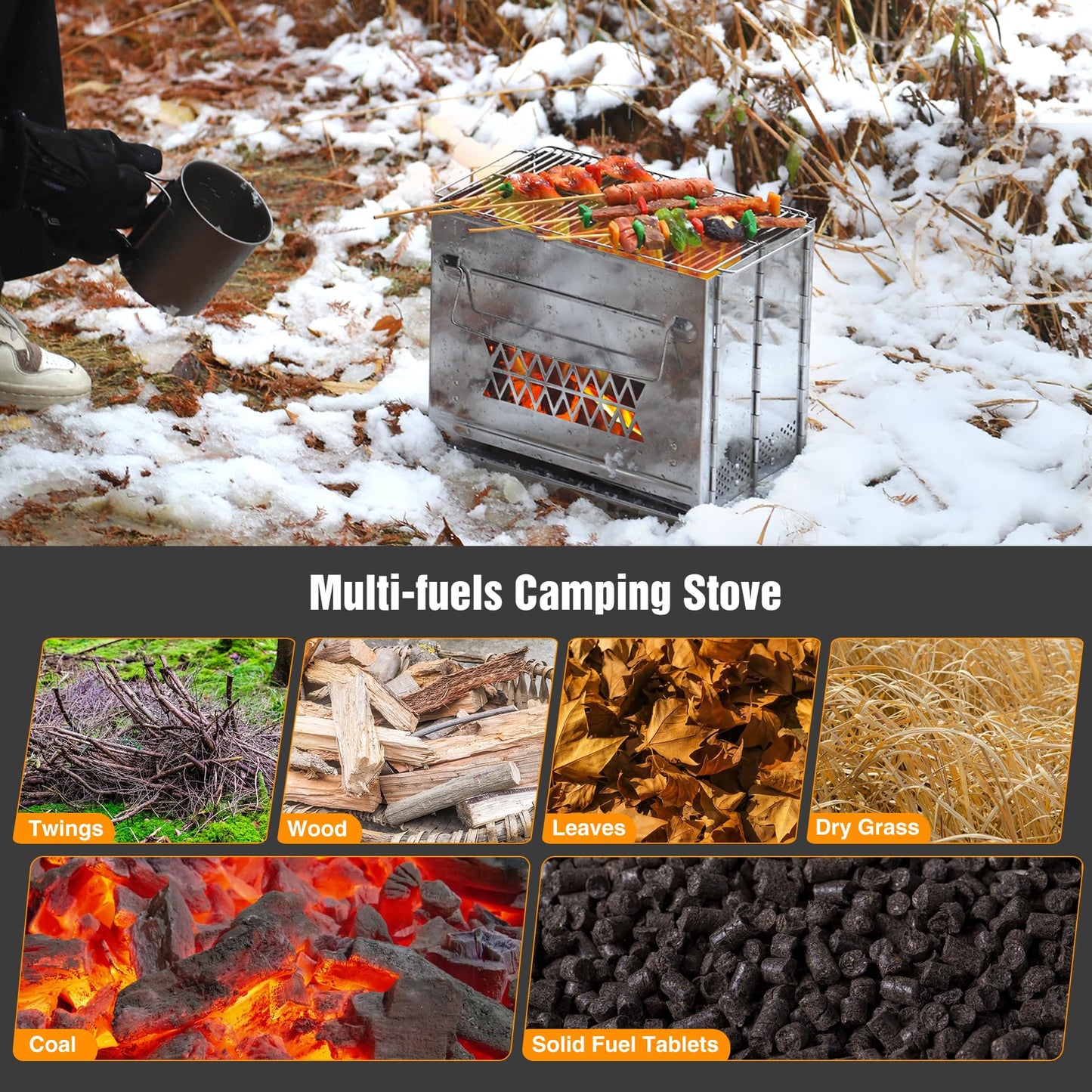 REDCAMP Wood Burning Folding Camp Stove Stainless Steel Grill, Rectangle Style Portable Collapsible Backpacking Stove Survival Rocket Stove for Hiking Outdoor Tent Camping Picnic BBQ, Large