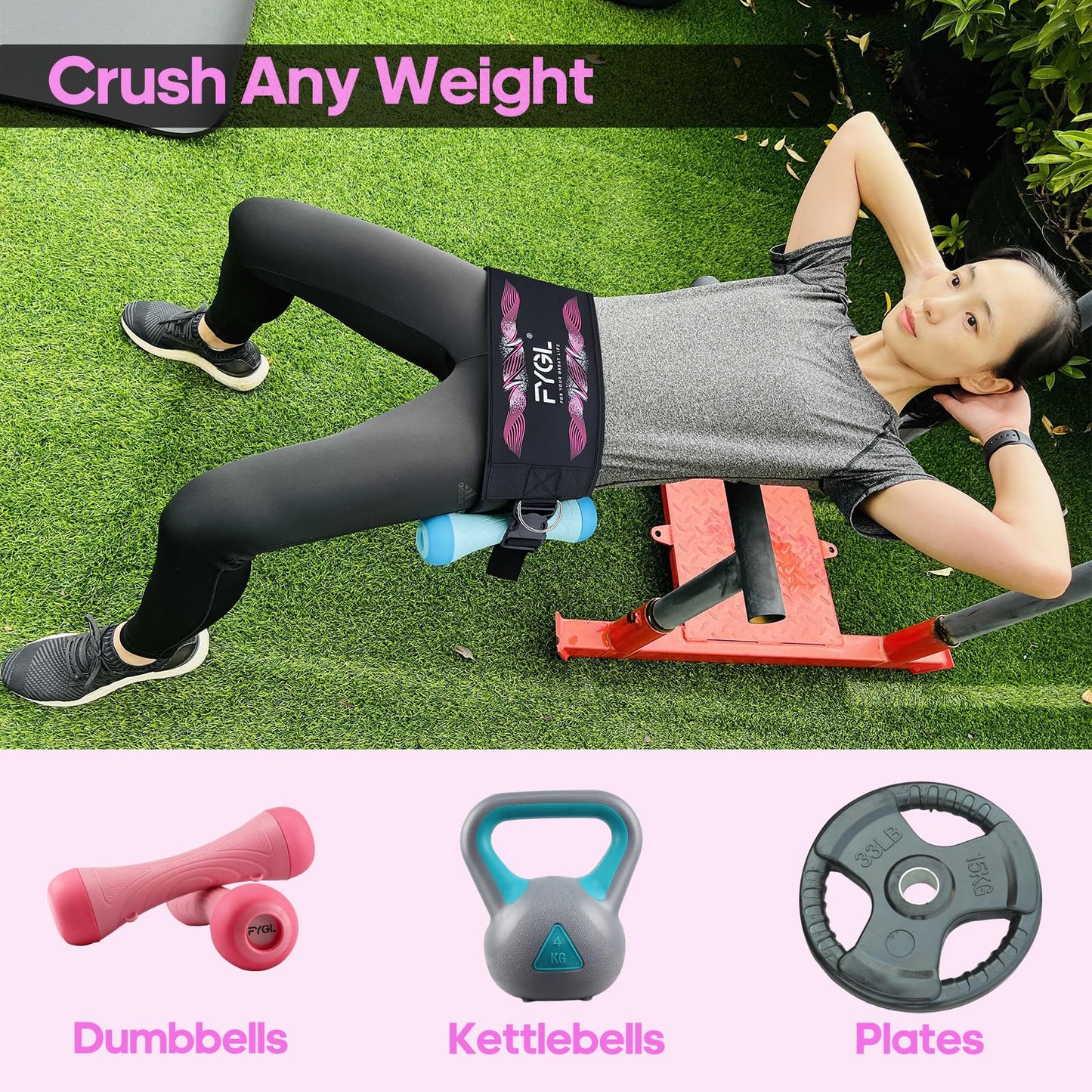 FYGL Hip-Thrust-Belt, Compatible with Dumbbells, Kettlebells, Plates & Machines, Foldable for Home and Gym as Dip & Pull-Up Belt, Versatile Fitness Equipment, Pink