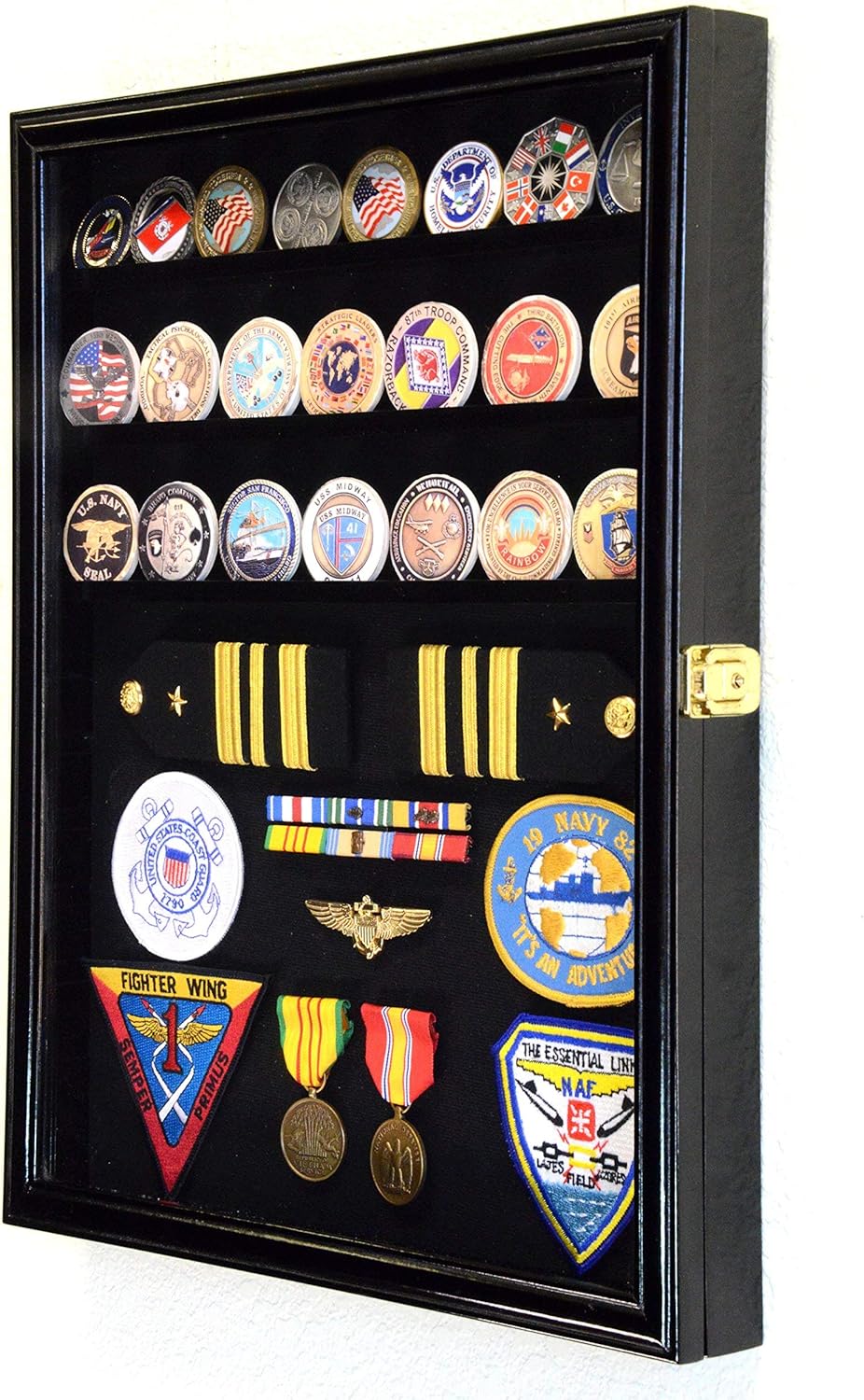 Challenge Coin/Medals/Pins/Badges/Ribbons/Insignia/Buttons Chips Combo Display Case Box Cabinet (Cherry Finish)