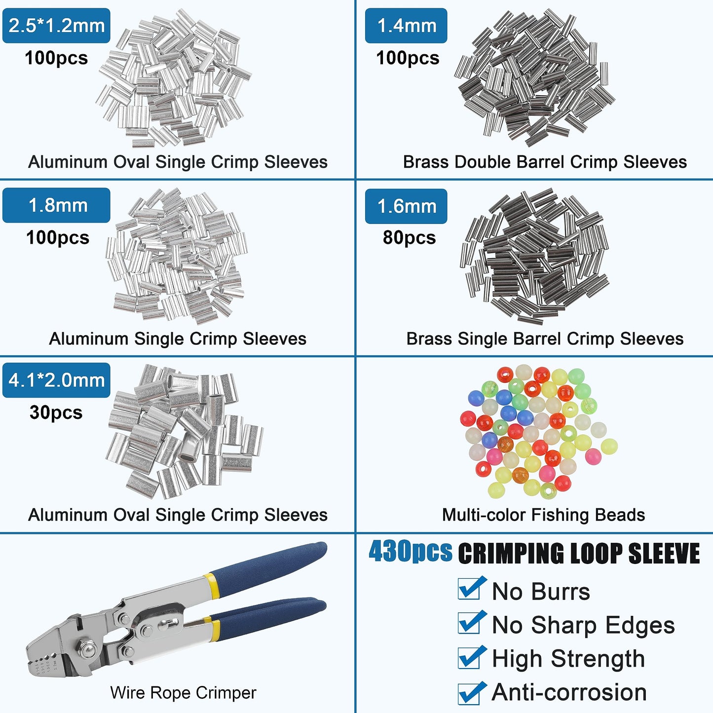 Fishing Crimping Tool Kit,Stainless Steel Fishing Crimping Pliers Wire Rope Crimping Tool with 430pcs 5 Sizes Aluminum Copper Barrel Crimp Sleeves Beads Set,4 Crimping Sizes