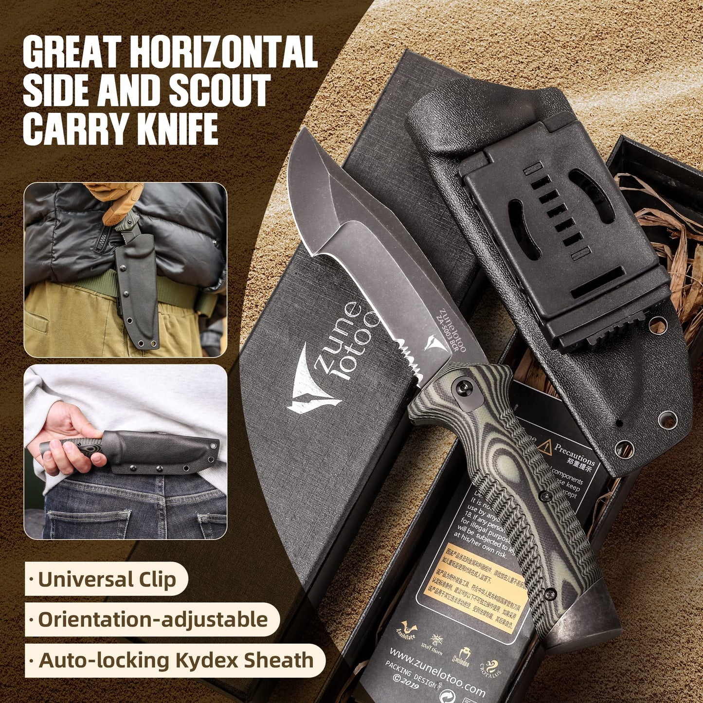ZUNE LOTOO Full Tang Fixed Blade Tactical Knife for Men, 9.4" Bowie Knife with Kydex Sheath & G10 Handle, 8Cr14mov Survival Hunting Knives for Bushcraft Camping Outdoor Skinning