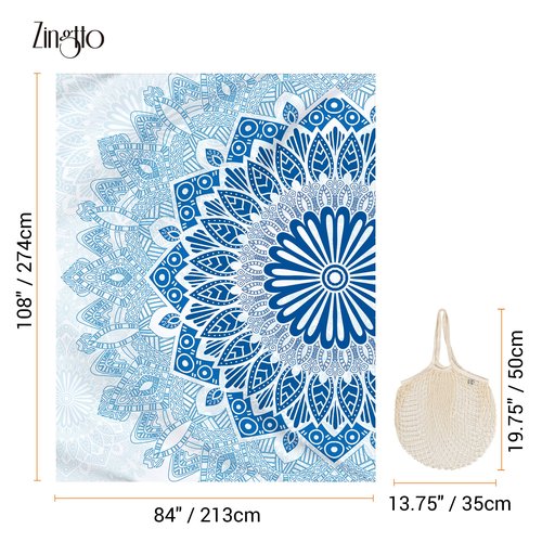 Zingtto Silky Soft 108"x84" Sand Proof Beach Blanket Sand Proof Mat with Corner Pockets and Fashion Mesh Bag for Beach Party, Travel, Camping and Outdoor Music Festival, Boho Blue Mandala