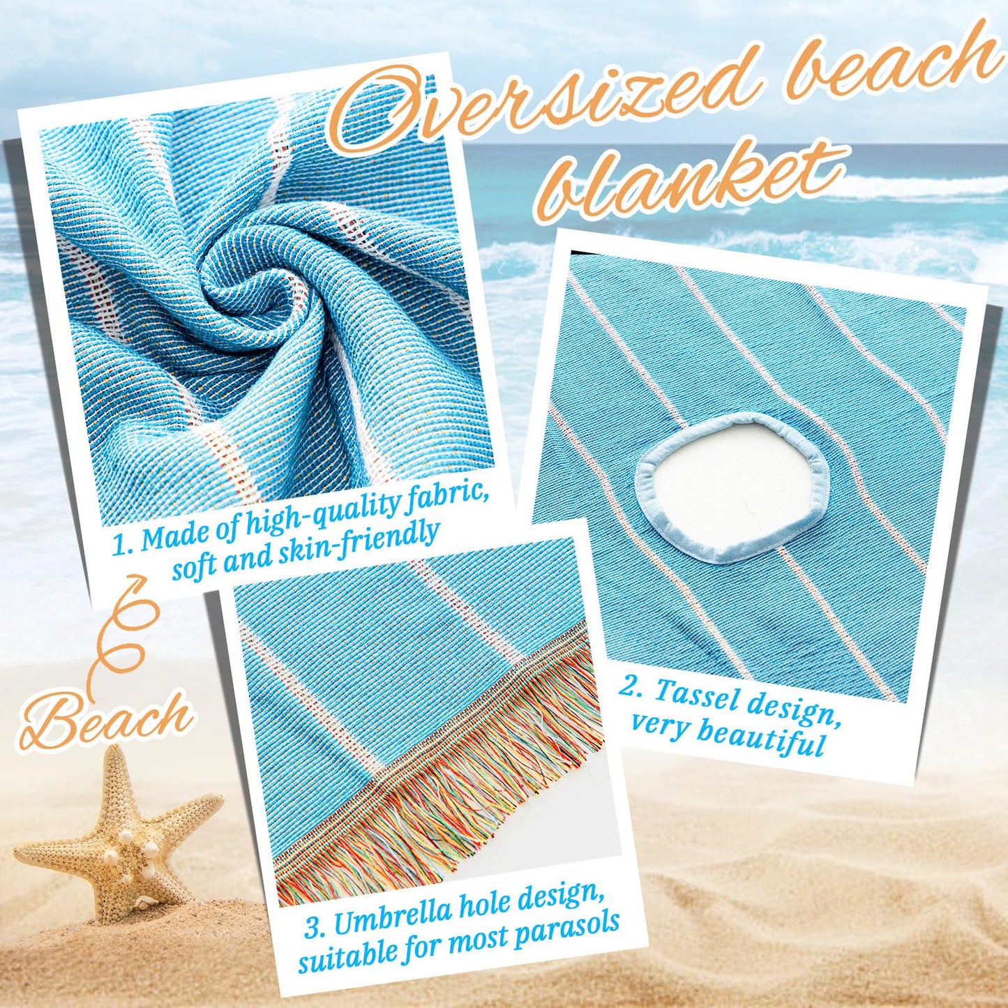 Peryiter Oversized Turkish Beach Blanket with Hole for Umbrella Cotton Extra Large Sand Free Beach Blanket Mat with Fringe Holiday Outdoor Picnic Travel Essentials Favorites, 70 x 70 Inches