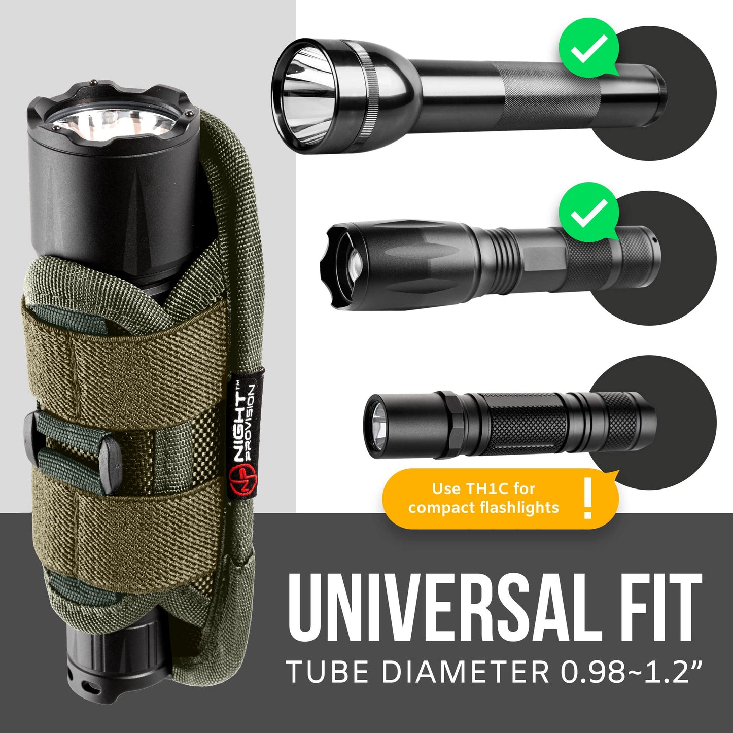 TH1 Tactical Flashlight Holster Duty Belt Pouch Open-end Stretchable Rotatable Clip 360 Degree Holder for Police Military Security Belt (Olive Green)