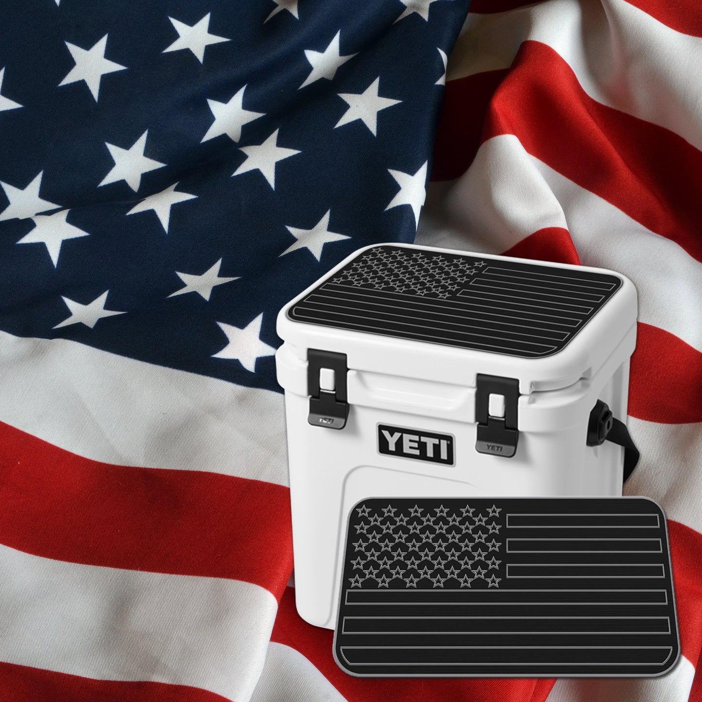 USATuff SeaDek EVA Mat Cooler Pad fits YETI 15 Roadie New | Peel & Stick Application | Non Slip Comfort Accessories - US Flag Design (Black-StormGray)
