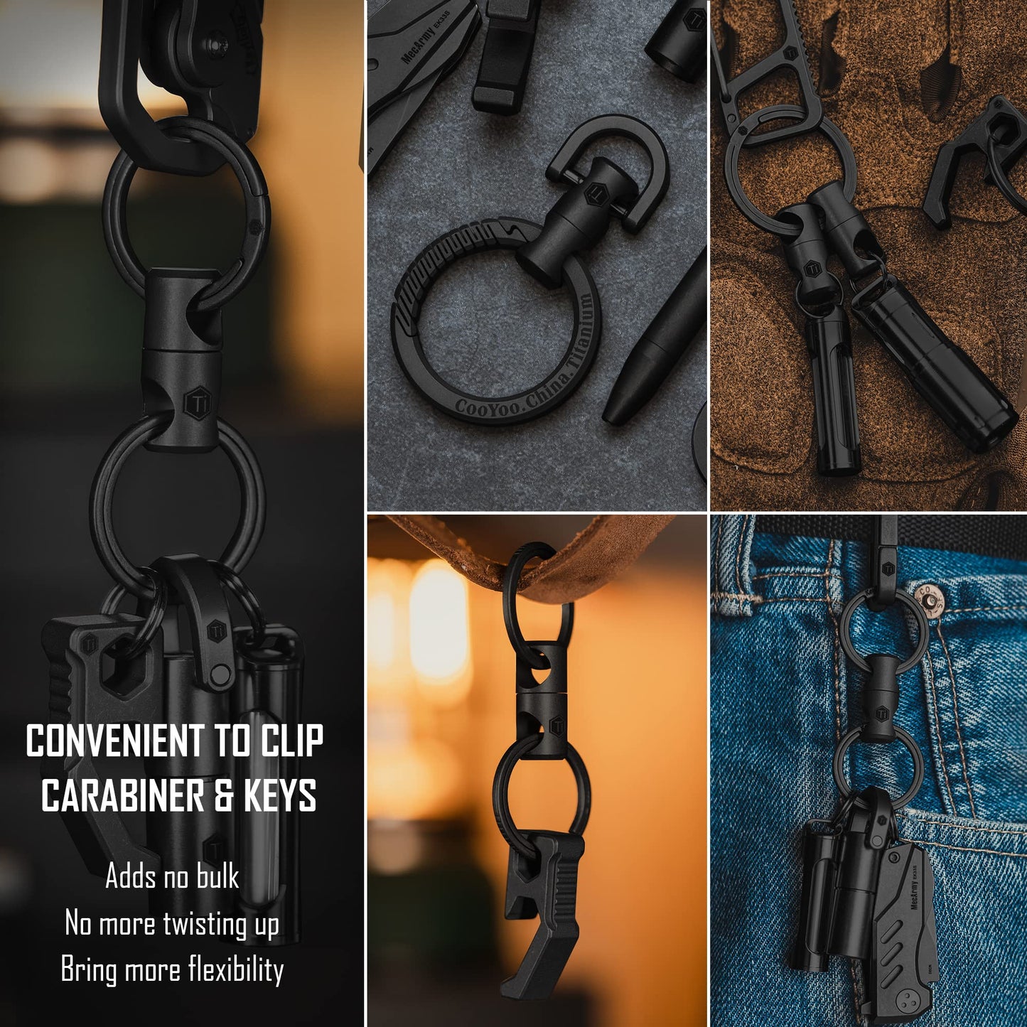 KeyUnity KM04 Titanium Carabiner Keychain Clip & KA15BK Double-end Swivel Keychain Key Ring Connector Bundle