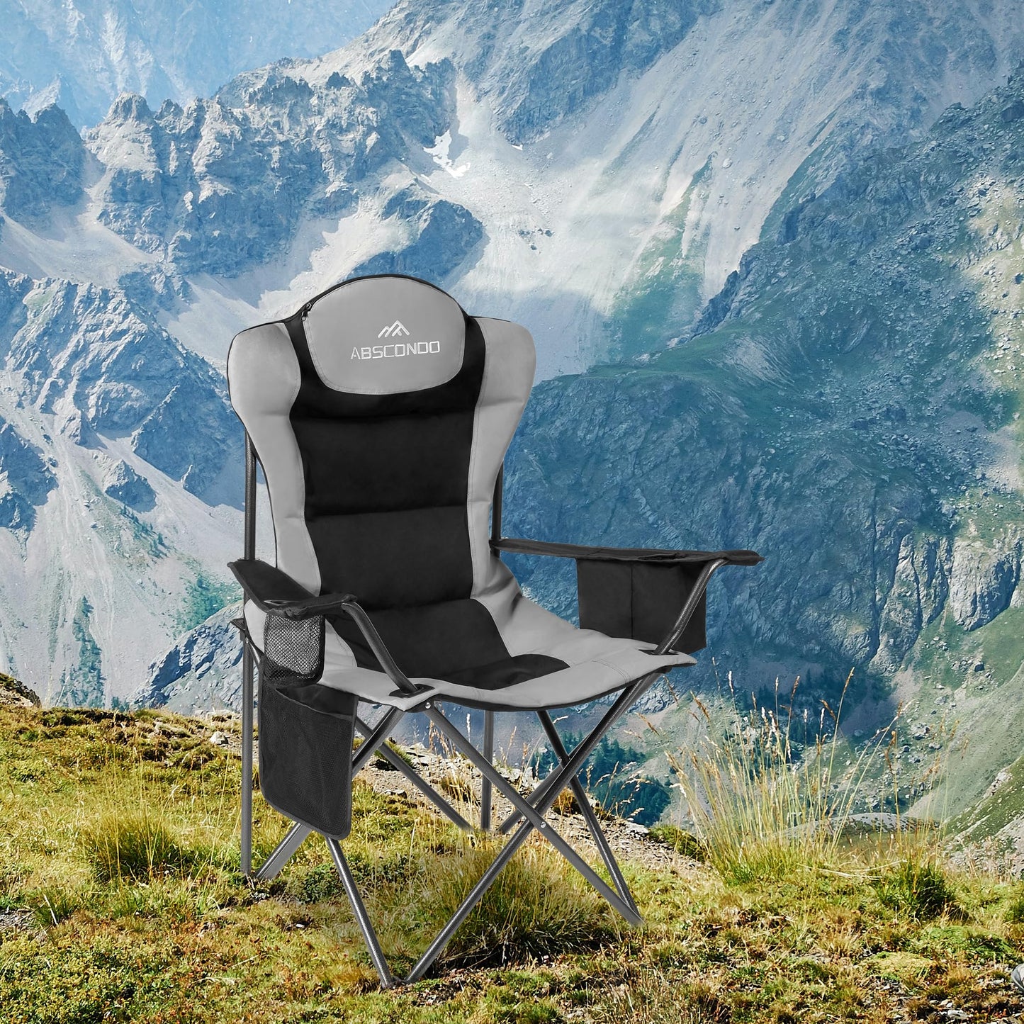 ABSCONDO Camping Chairs for Adults, Oversized Folding Camp Chair for Outdoor with Cup Holder & Cooler Bag, XL Heavy Duty Lawn Chairs Supports up to 350lbs (2 Pcs, Black)