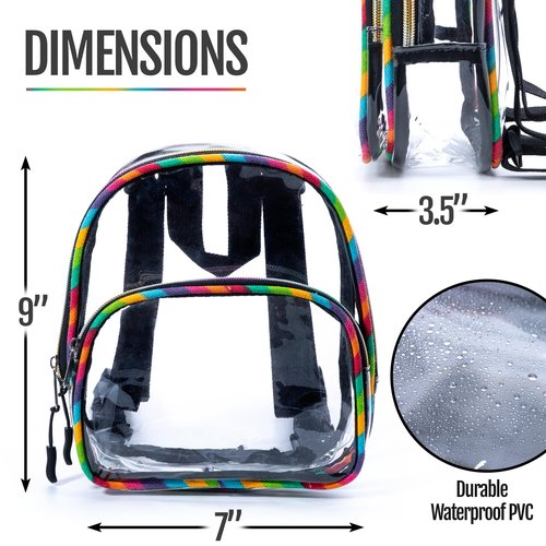 Clear Small Mini Backpack for Stadium Events, Concerts, Festivals, Stadium Approved, Size 9"H x 7"L x 3.5"W, Rainbow Canvas, Colorful Zippers, Adjustable Straps, 2 Compartments, Carrying Handle