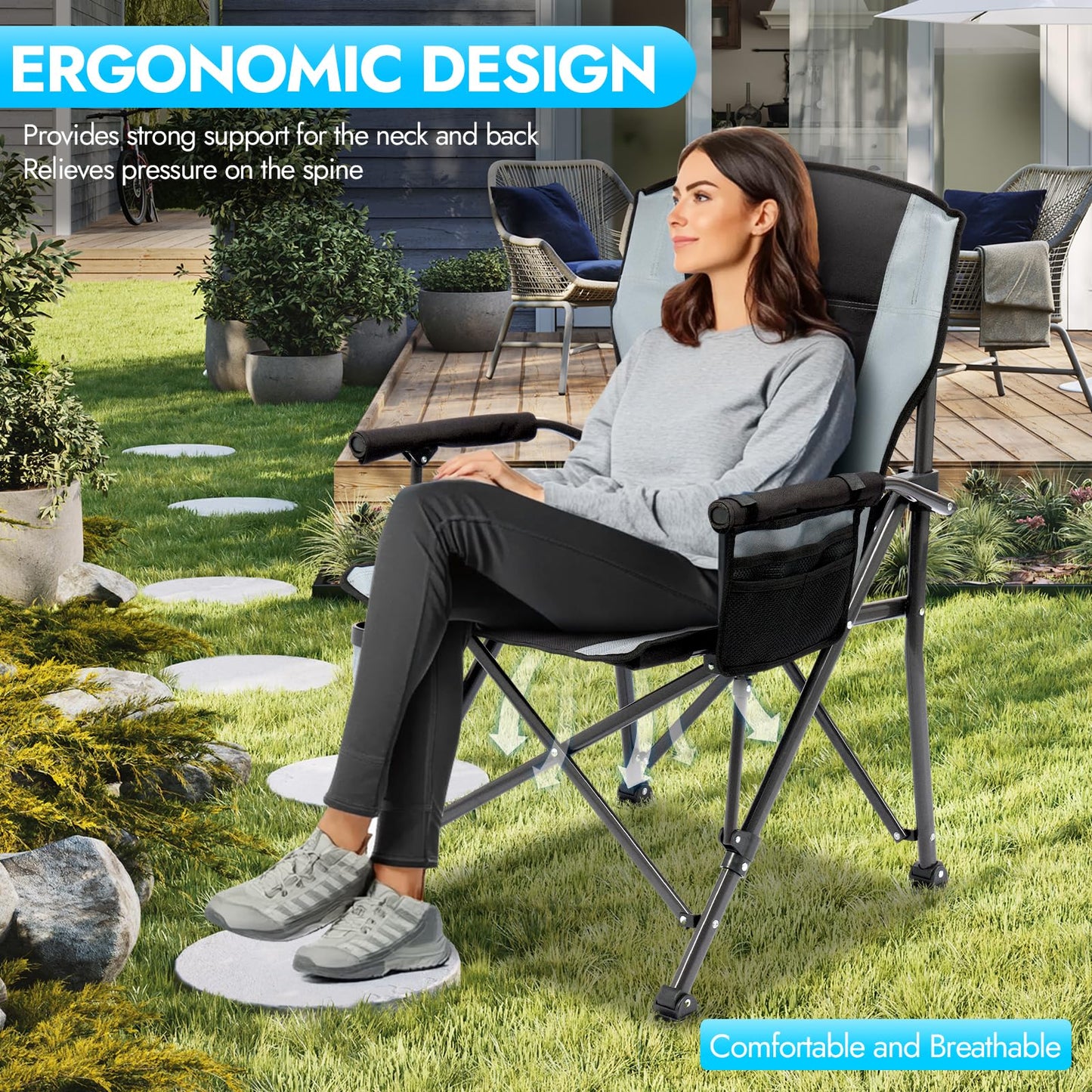 2 Pack Oversized Folding Camping Chair for Adults, Supports 450 LBS Camping Chairs, Heavy Duty Camping Chair with Side Pockets, Foldable Outdoor Chair for Camping, Beach, Fishing, Hiking, Black-Gray