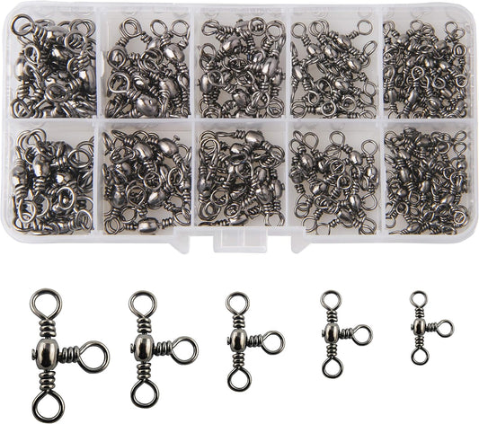 3 Way Swivels Fishing Kit 120pcs Heavy Duty Three Way Fishing Swivels Crossline Barrel Swivels Tackles T-Shape Fishing Line Connector Catfish Rig Triple Swivels for Saltwater Surf Fishing Rig