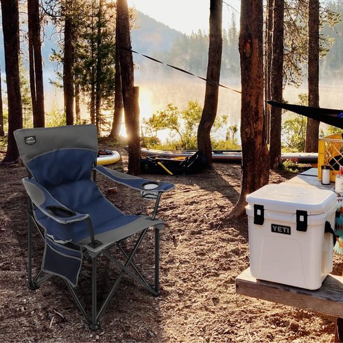 LANMOUNTAIN Oversized Folding Camping Chair,Heavy Duty Padded Portable Lawn Chair w/Extra Large Cup Holder,Side Pocket for Adults Outdoor Sports Hiking Beach Garden Picnic,Dark Blue
