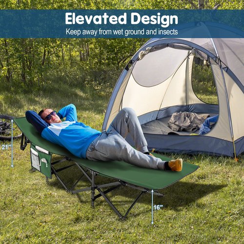 Goplus Folding Camping Cot, 27.5" Sleeping Cot for Adults with Carry Bag, 600LBS Weight Capacity, Slanted Head, Side Pocket, Heavy Duty Portable Camping Bed for Kids, Beach, Office Snap (Green)