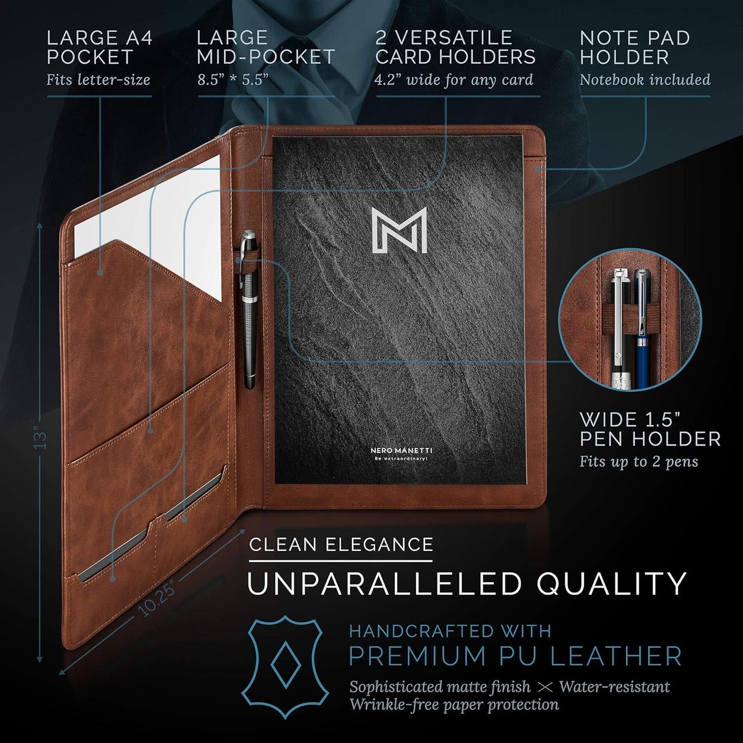 NERO MANETTI- Leather Portfolio Folder - Business PU Leather Portfolio Notepad Holder for Resumes, Legal Pad Portfolio Executive Binder, Professional Padfolio Notebook for Women/Men