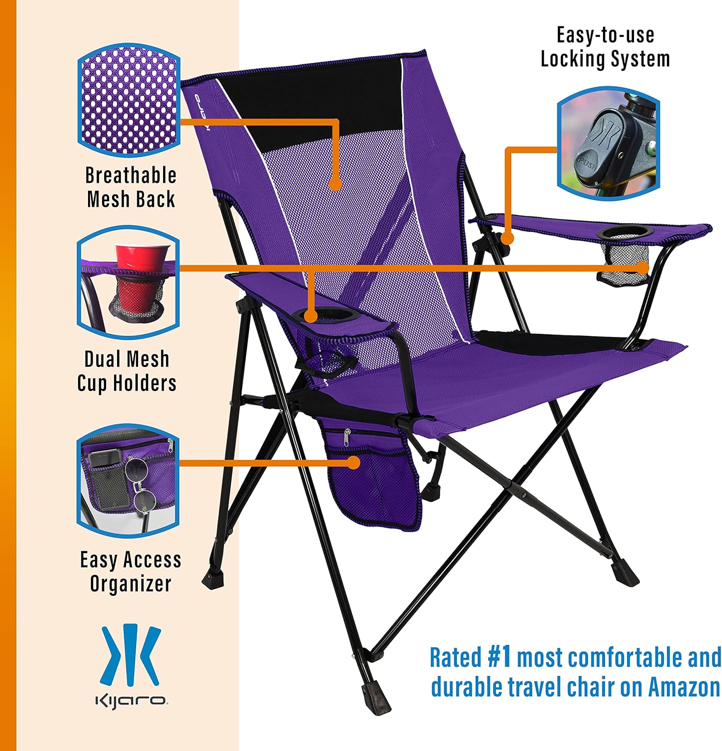 Kijaro Portable Camping Chairs - Enjoy the Outdoors with a Versatile Folding Sports Chair for Outdoor & Lawn - Dual Lock Feature Locks Position – Hallet Peak Gray
