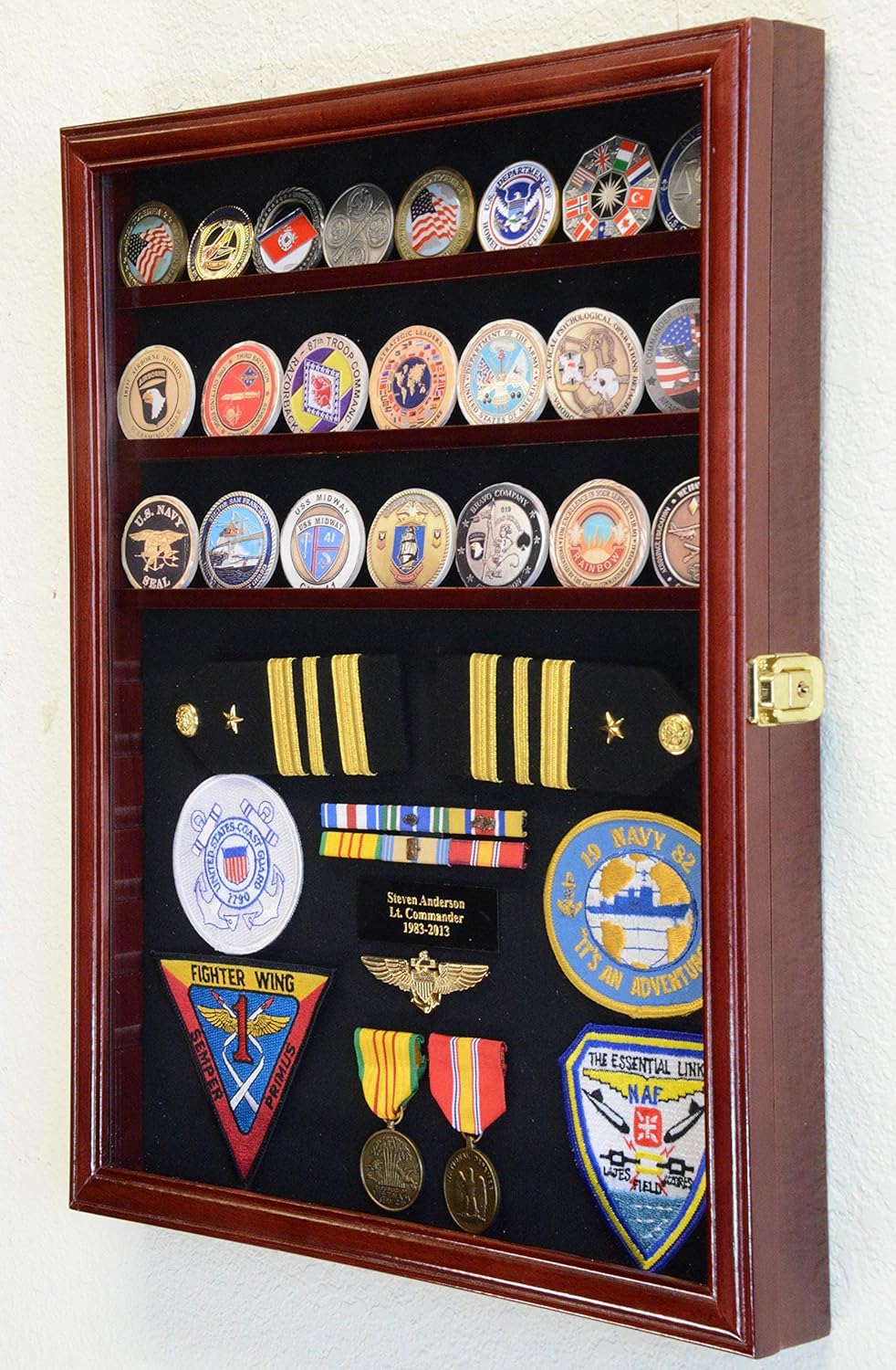 Challenge Coin/Medals/Pins/Badges/Ribbons/Insignia/Buttons Chips Combo Display Case Box Cabinet (Cherry Finish)