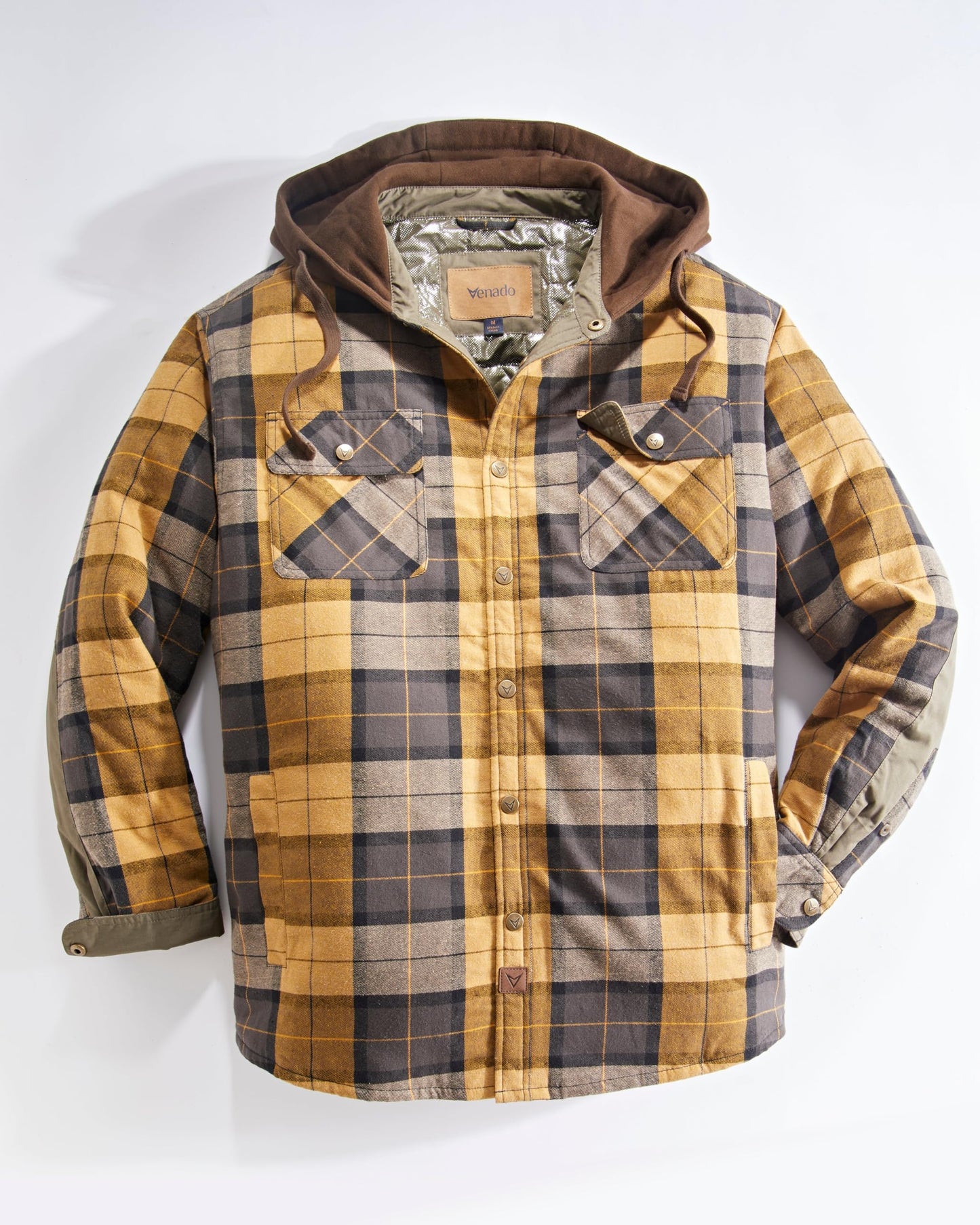Venado Men's Quilt Lined Flannel Shirt Jacket with Hood - Reflective Winter Coat for Men (Amber, 2XL)