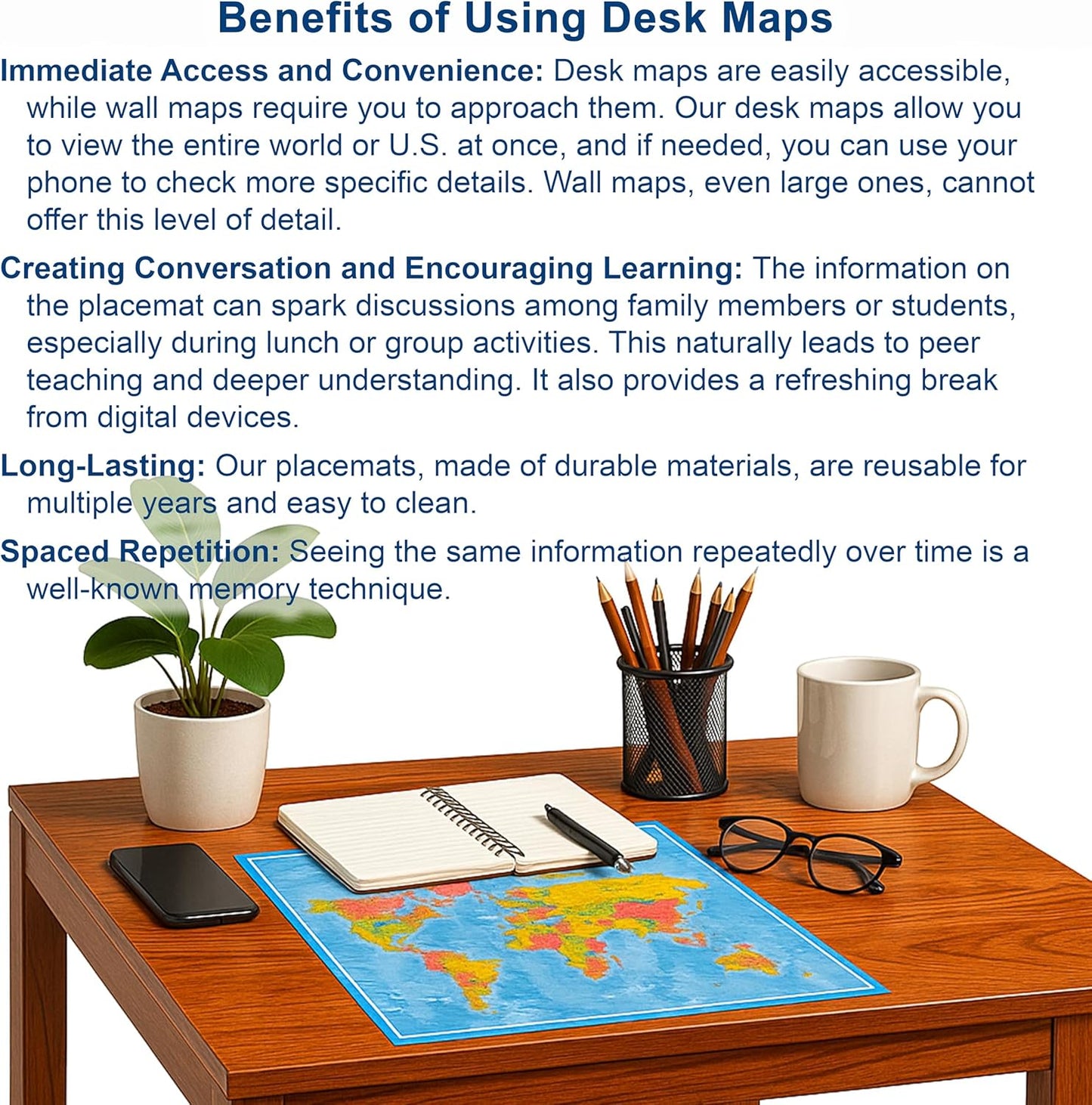 2-Sided Desk Map with Durable Lamination (1 Pack : US & US Centered World 17.5 x 11.5 inches)