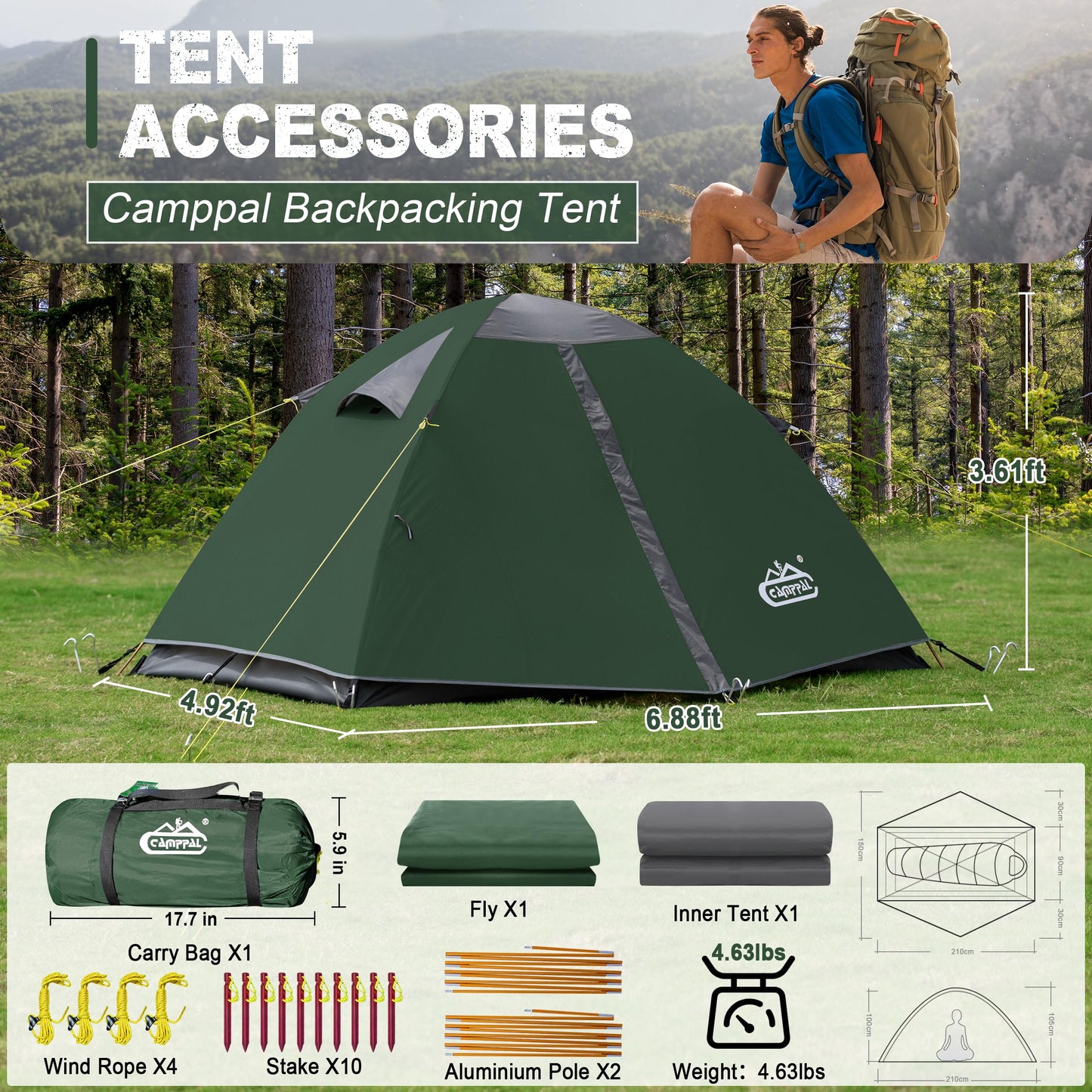 1 Person Backpacking Tent, Lightweight Compact Single Person Tent, Waterproof Windproof Easy Setup Freestanding One Man Tent for Camping Hiking Cycling Biking Mountaineering - Green