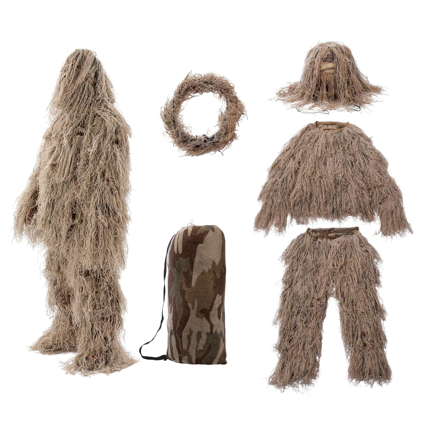 SETLUX Ghillie Suit for Men, Gilly Suit for Adults Camo Hunting Clothes 3D Woodland Camouflage Suits for Hunting(Desert 2XL)