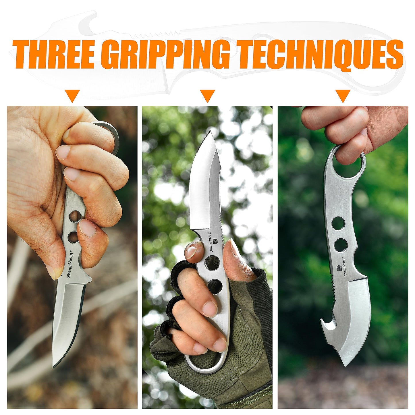 ZhengSheng 3 Piece Full Tang Fixed Blade Knives, Survival Knives Bowie knife and Gut Hook Knife with Nylon Sheath for Hiking, Outdoor Camping Activities