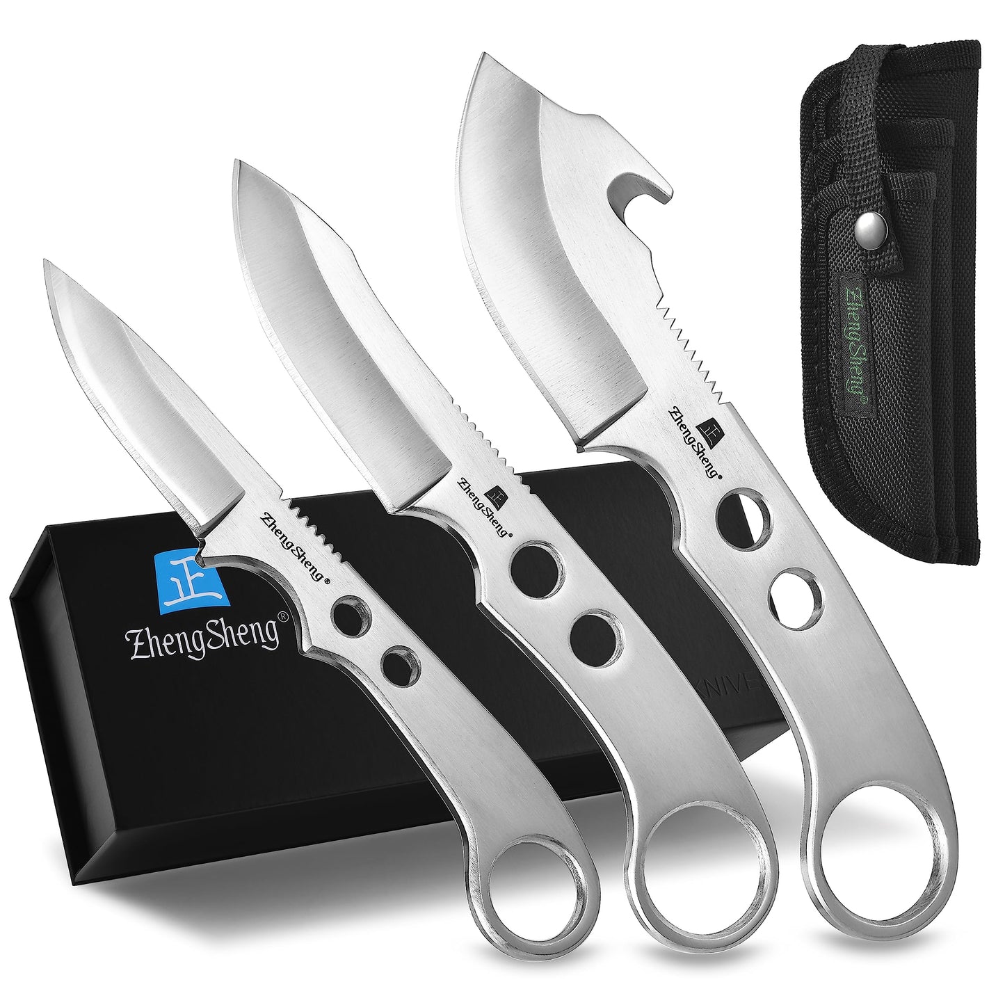 ZhengSheng 3 Piece Full Tang Fixed Blade Knives, Survival Knives Bowie knife and Gut Hook Knife with Nylon Sheath for Hiking, Outdoor Camping Activities