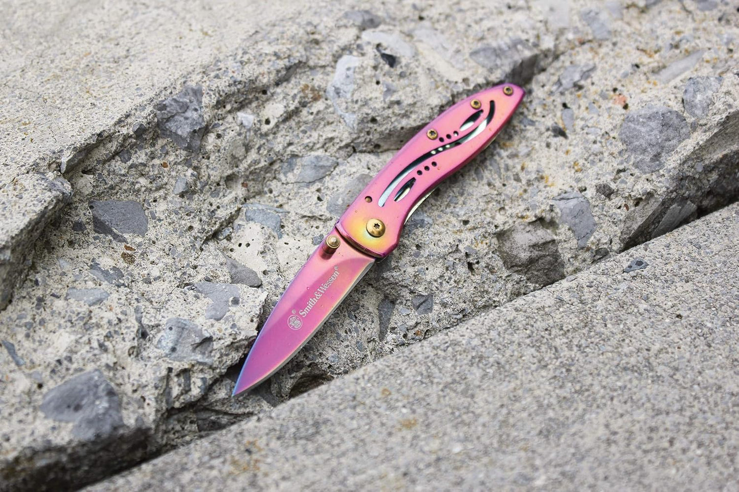 Smith & Wesson CKLPR 5.3in High Carbon S.S. Folding Knife with a 2.3in Drop Point Blade and Rainbow Handle for Outdoor, Tactical, Survival and EDC