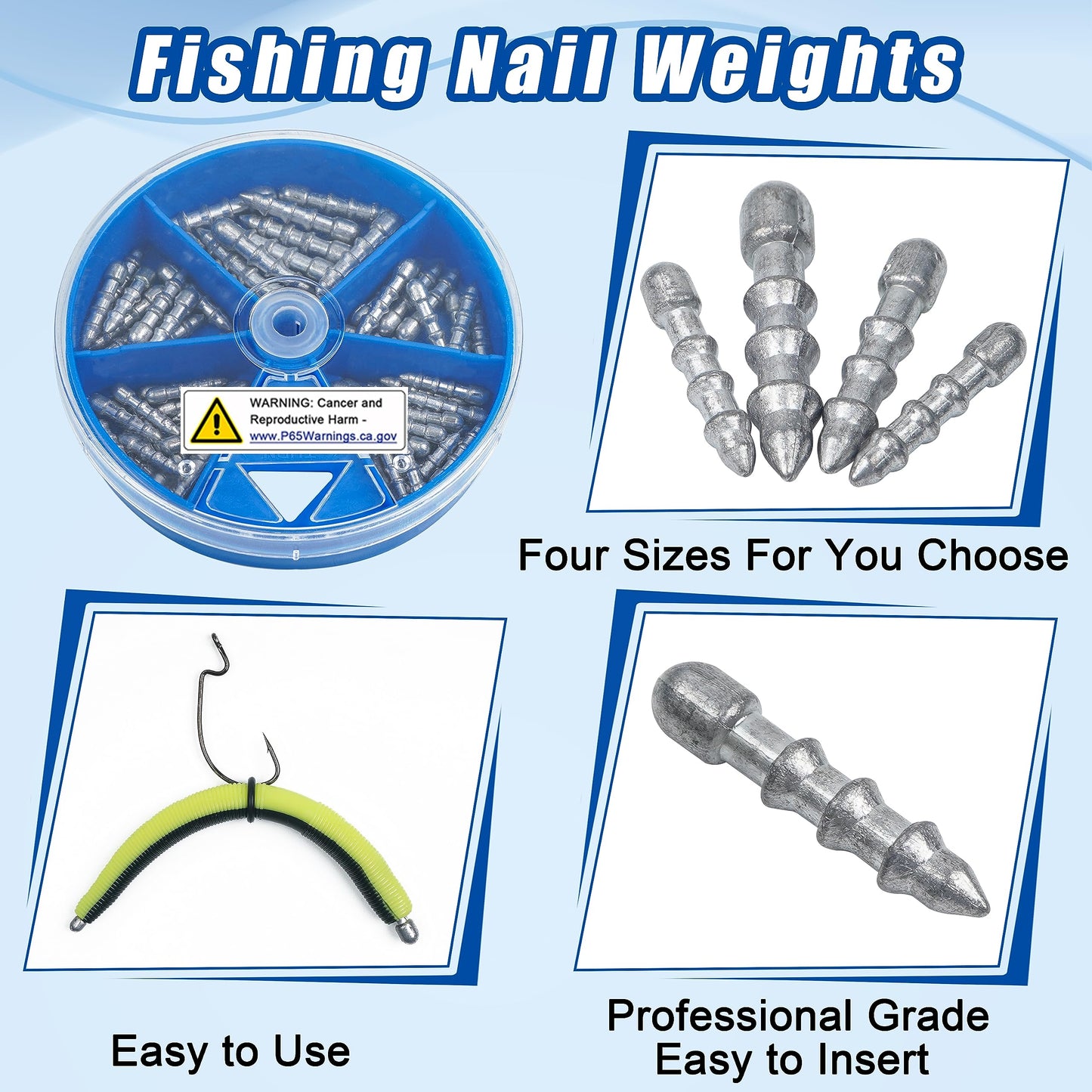 Fishing Nail Weights Kit,70pcs Wacky Worm Weights Insert Sinkers Fishing Weights for Plastic Worm Lures Nail Weights Sinkers Tackle for Neko Rig Wacky Rig Bass Fishing 4 Sizes