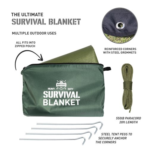 Monterra Insulated Tarp, Emergency Survival Blanket, 60” x 84”, Heavy Duty Waterproof Groundsheet, Camping, Thermal Space Blanket, Reflective Bivvy Shelter.