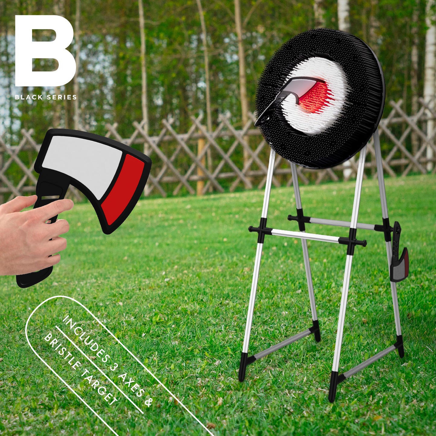 Black Series Axe Throwing Set – Indoor & Outdoor Party Game| Safe Plastic Axes| Collapsible Bristle Target Stand| Fun Sports Activity| Yard Game, Game Nights, Beach, Camping, July 4th Game