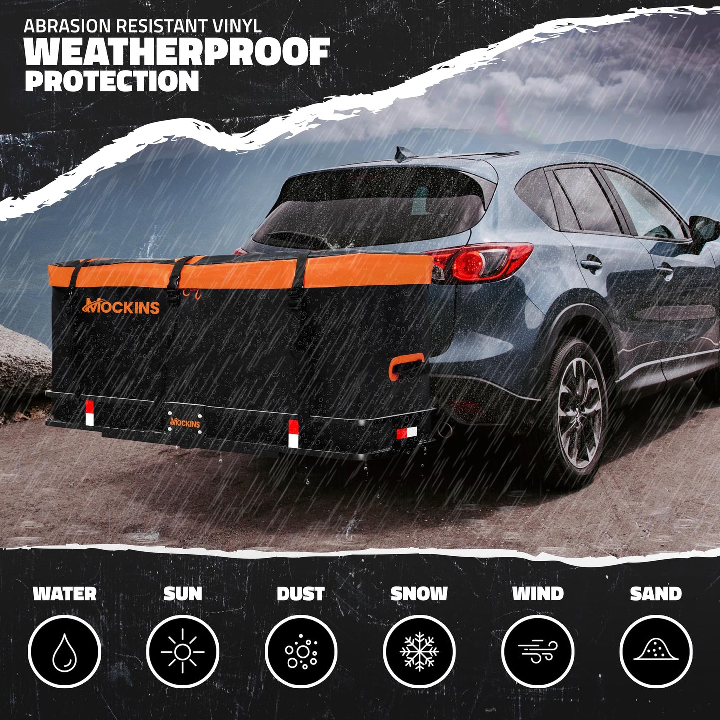 Mockins 16 Cu.Ft. Trailer Hitch Cargo Carrier Bag | 58"x20"x24" All-Weather Waterproof Cargo Bag for Hitch Carrier | Abrasion-Resistant Vinyl Truck Bed Storage Set w/Straps, Combo Lock, & Carry Case