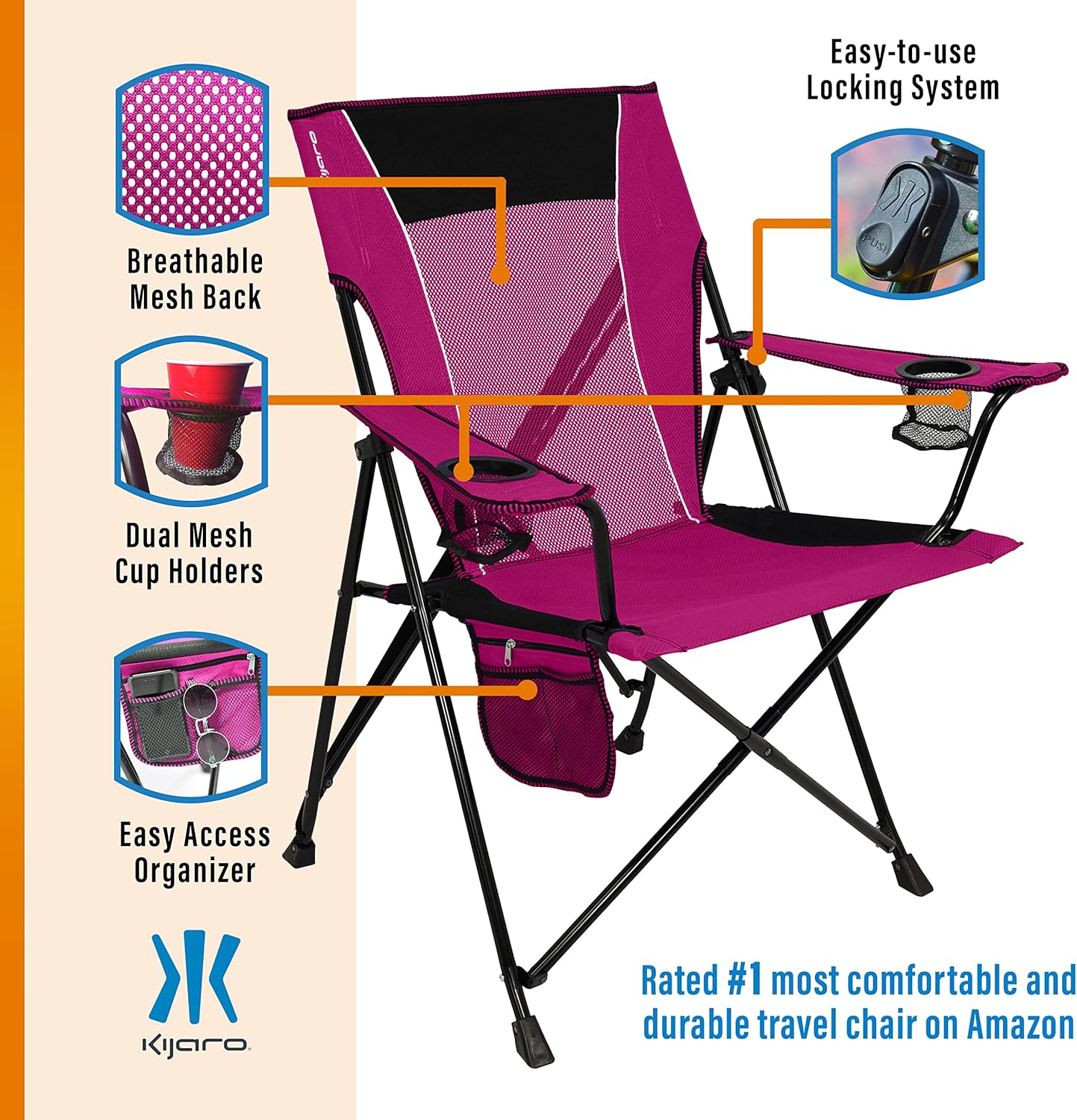Kijaro Portable Camping Chairs - Enjoy the Outdoors with a Versatile Folding Sports Chair for Outdoor & Lawn - Dual Lock Feature Locks Position – Hallet Peak Gray