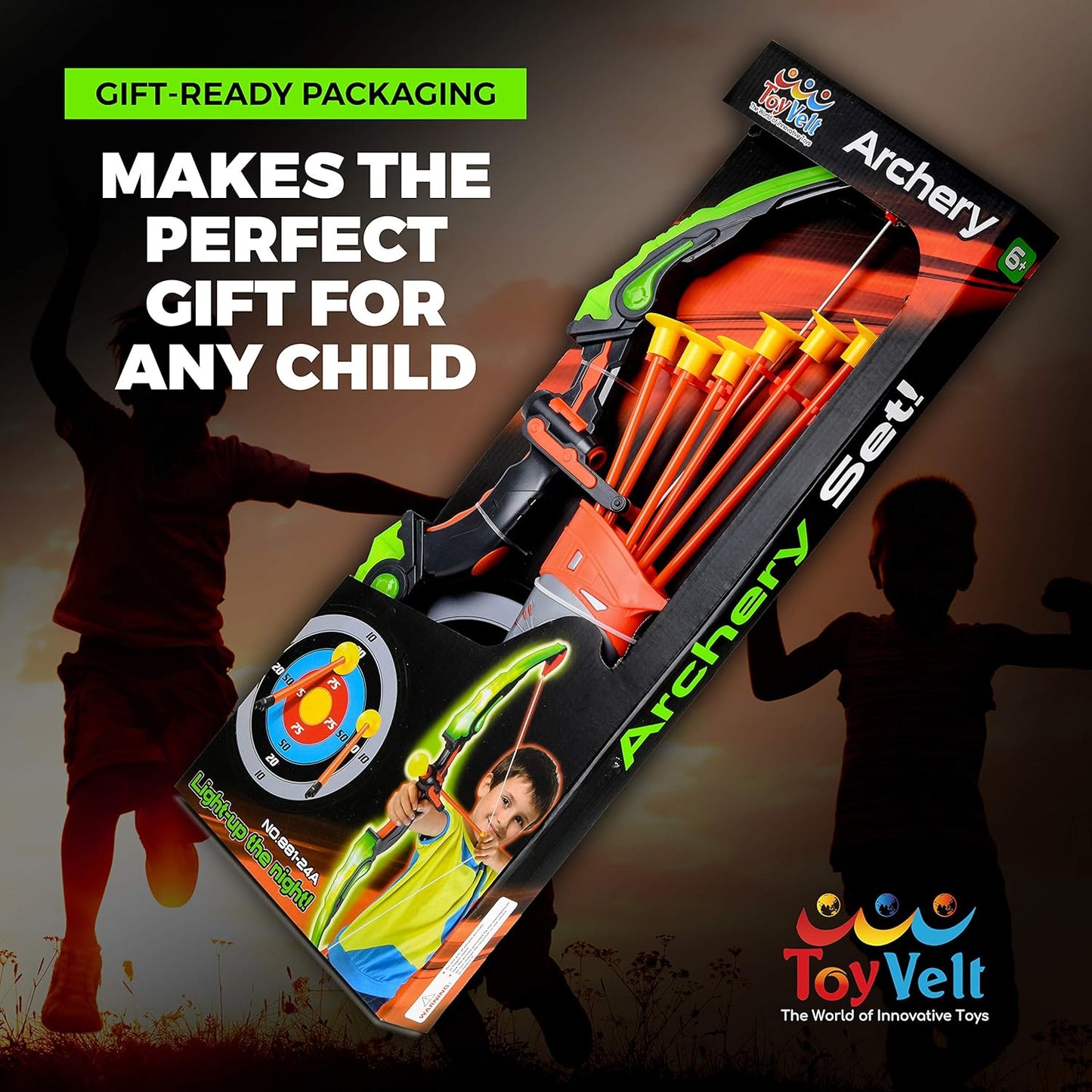 ToyVelt Kids Bow and Arrow Set - Light-Up Archery Set with 6 Suction Arrows, Target and Quiver - Outdoor and Indoor Toy for Boys and Girls Ages 4-12 (Green)