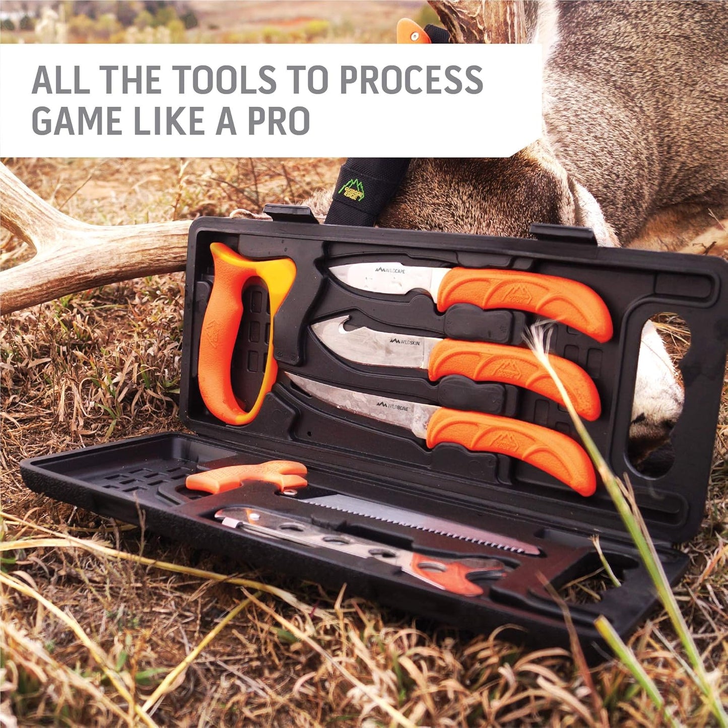 OUTDOOR EDGE WildPak, 8-Piece Field to Freezer Hunting & Game Processing Knife Set with Caping Knife, Gut-Hook Skinner, Boning/Fillet Knife, Wood/Bone Saw, Spreader, Gloves, and Hard-Side Carry Case