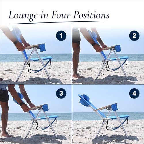 Caribbean Joe Folding Beach Chair, 4 Position Portable Backpack Foldable Camping Chair with Headrest, Cup Holder, and Wooden Armrests, 300 lb Capacity