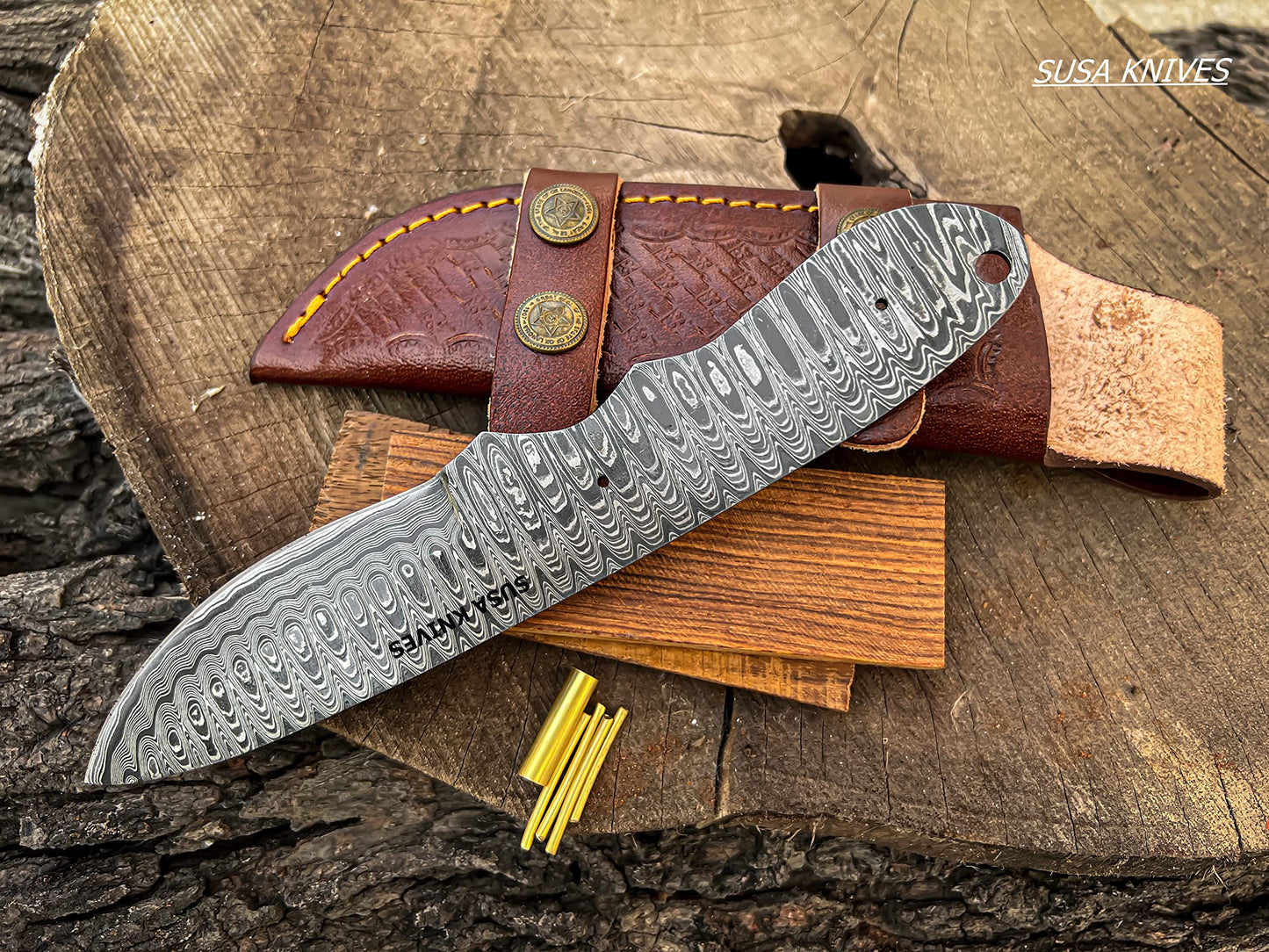 SUSA KNIVES Damascus Steel Blank Blade Hunting Knife Fixed Blade EDC Survival Knife for Men - Fixed Blade Making kit, Pins, with Sheath, Handle Scales for Making (LEADER WOOD)