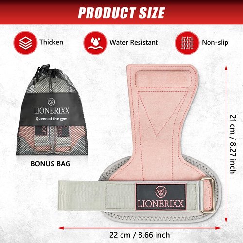 Lionerixx Pink Wrist Straps for Weightlifting Women - Dual Layer Leather Workout Grips for Deadlift and Powerlifting – Non-Slip Hand Wraps for Weight Lifting with Storage Bag