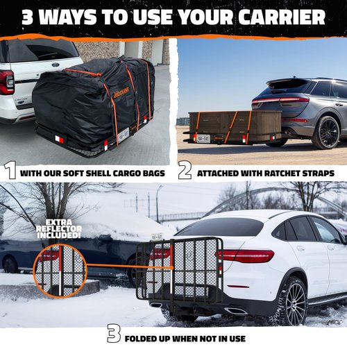Mockins 60"x36"x6" XL Folding Trailer Hitch Cargo Carrier & 35 Cu.Ft. Tow Hitch Cargo Carrier Bag | 500 Lbs. Capacity Luggage Rack for SUV Car Truck & Soft Waterproof Trailer Rack Bag with Accessories