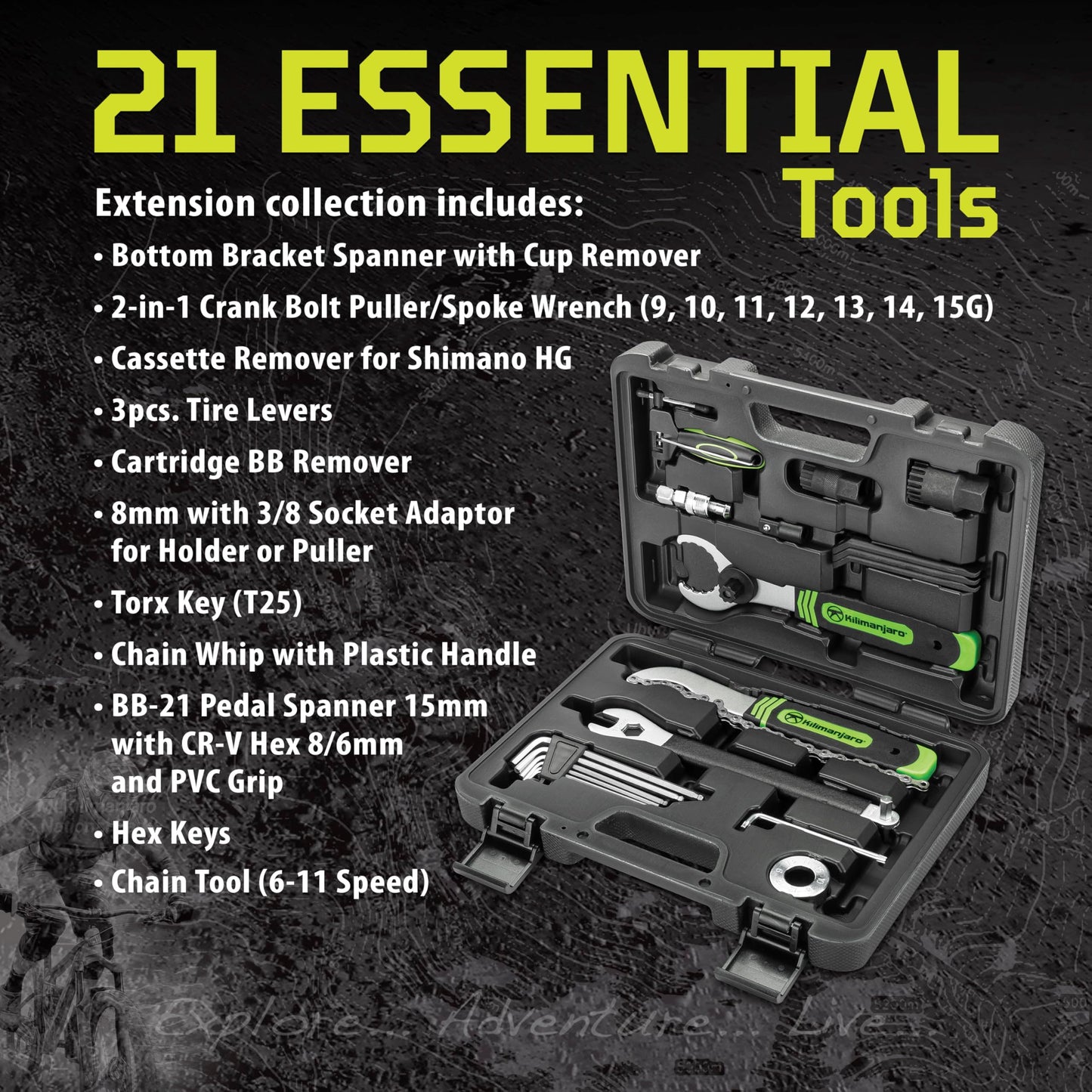 Kilimanjaro Cycle Series 21 Piece Bicycle Repair Tool Kit Set, Spoke Wrench, Tire Levers, Hex Keys, Pedal Spanner, Chain Tools - 910532ECE
