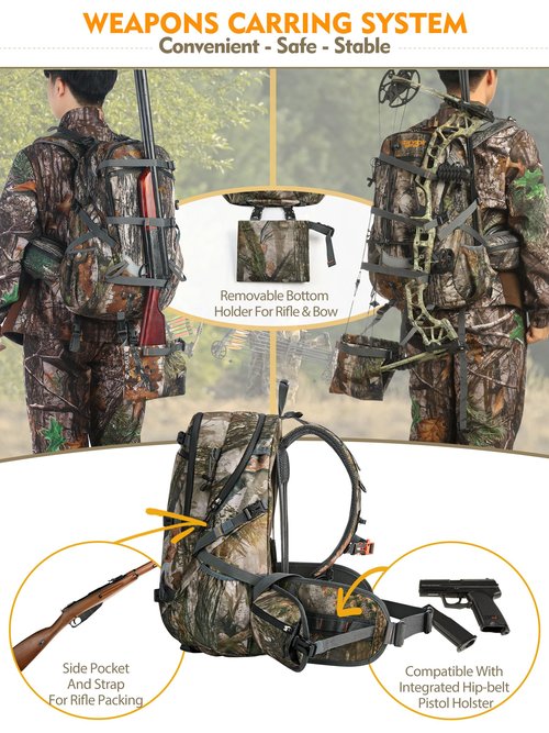 NEW VIEW Hunting Backpacks for Men 35L, Camo Backpack for Hunting with Rifle Bow Gun Holder, Waterproof Hunting Pack with Rain Rover